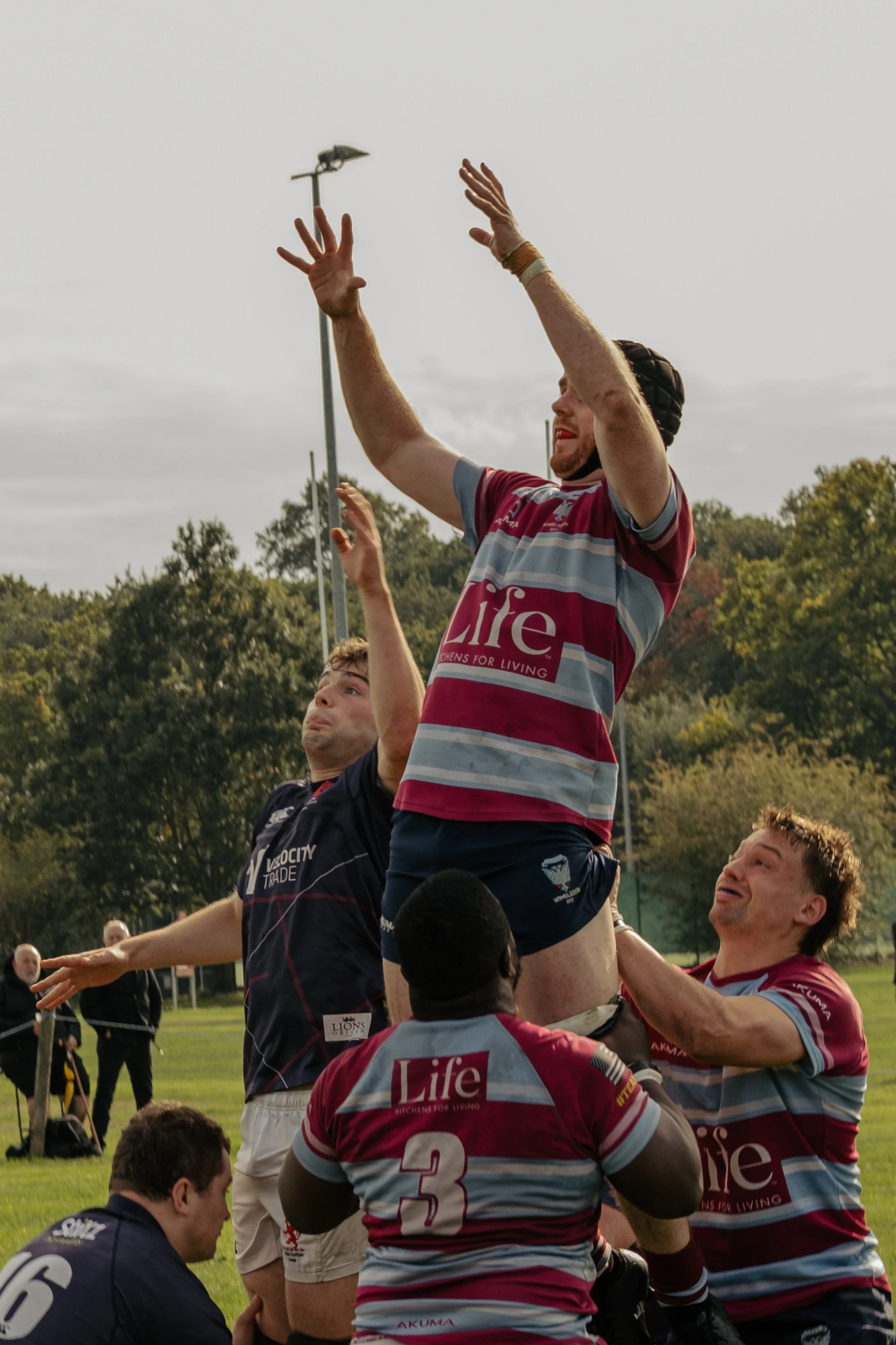 Rugby players lifting a teammate during a line-out in a game or training session on a grassy field with trees in the background.