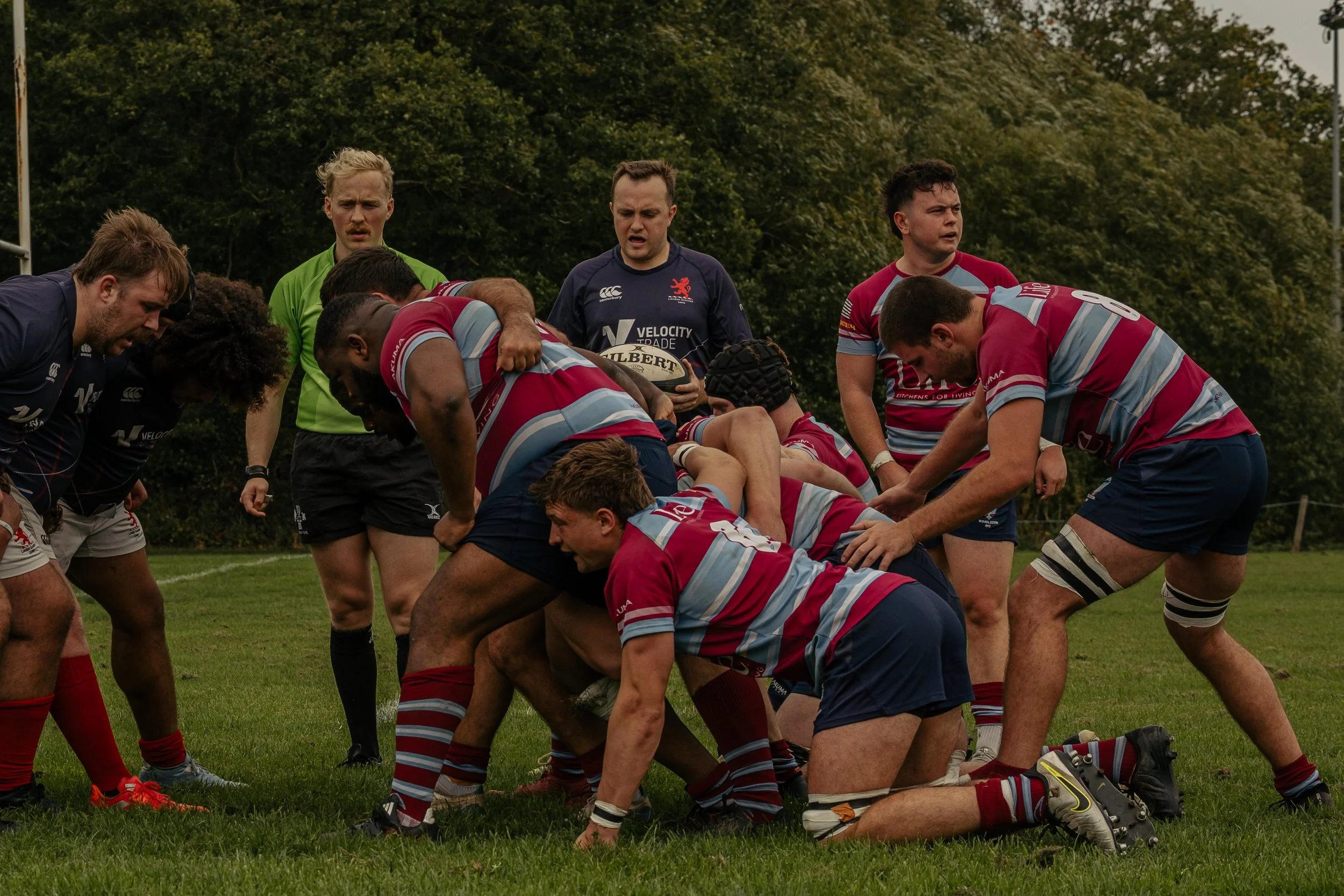 Rugby players engaged in a scrum during a game on a grassy field, with a referee in a dark shirt observing in the background, and trees in the distance.