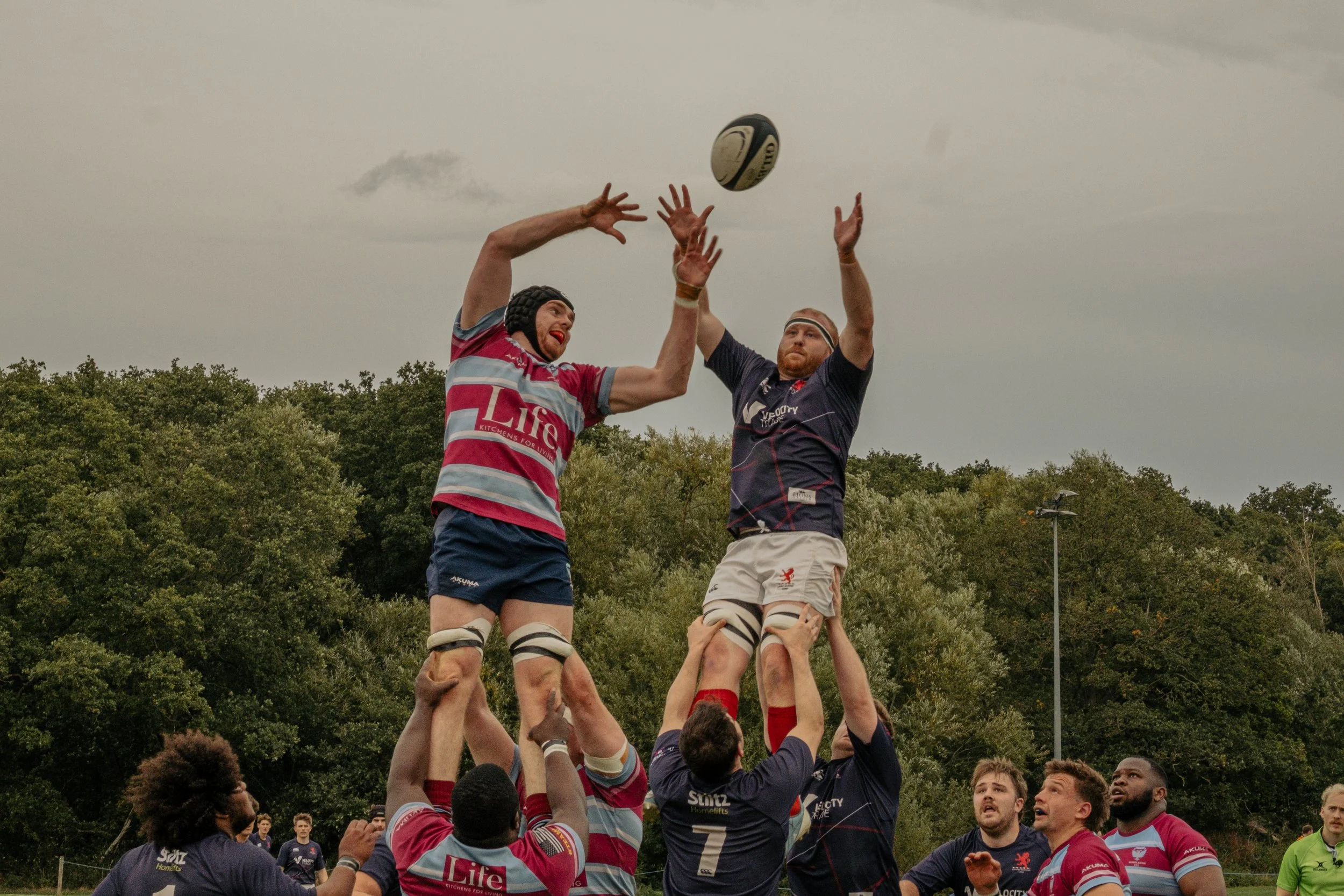 Rugby players perform a lineout catch, with one player from each team reaching for a rugby ball in the air, surrounded by teammates and a backdrop of trees.