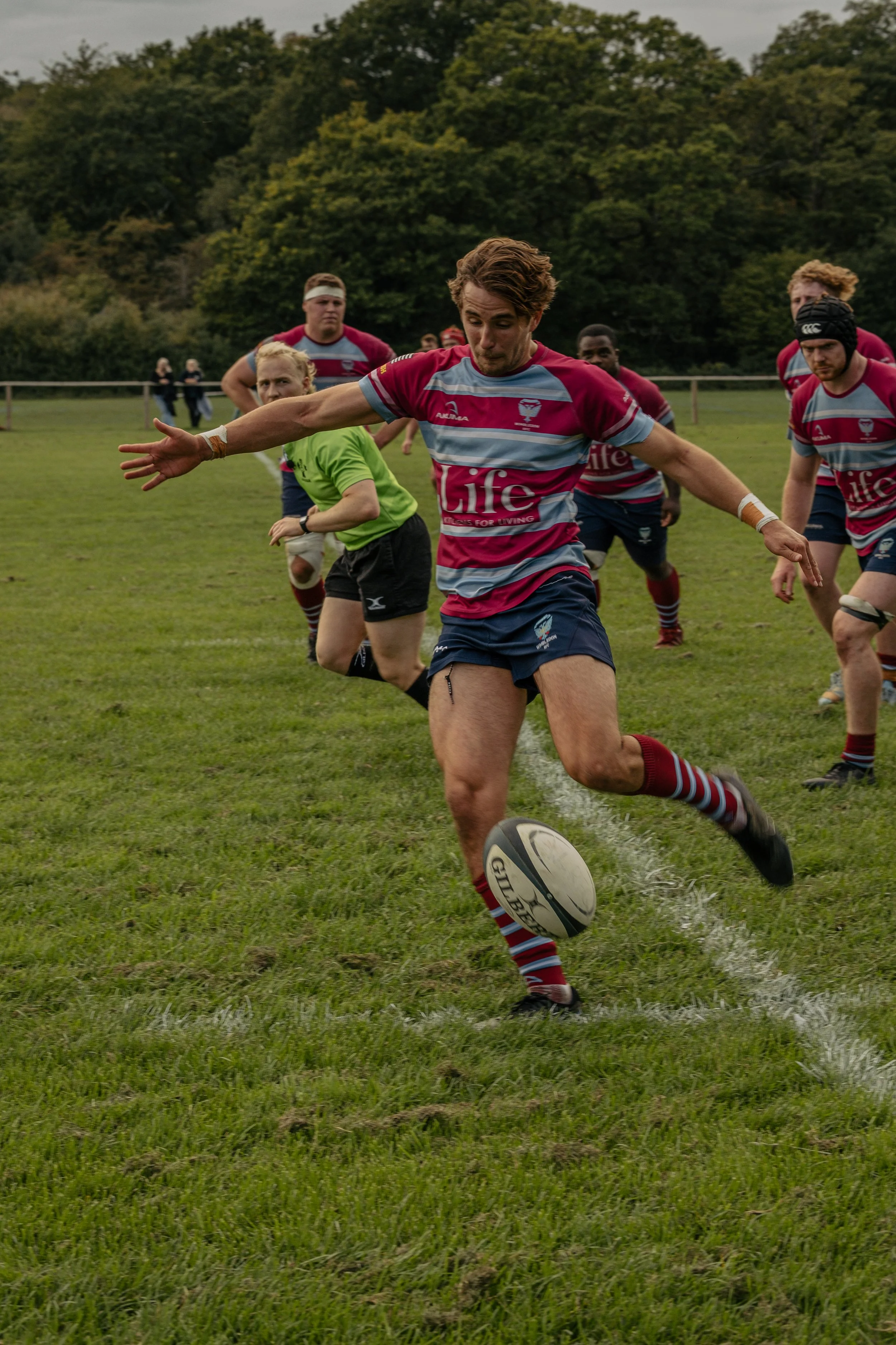 A rugby player wearing a maroon and gray striped jersey and blue shorts kicks a rugby ball during a game on a grassy field with a wooded background.