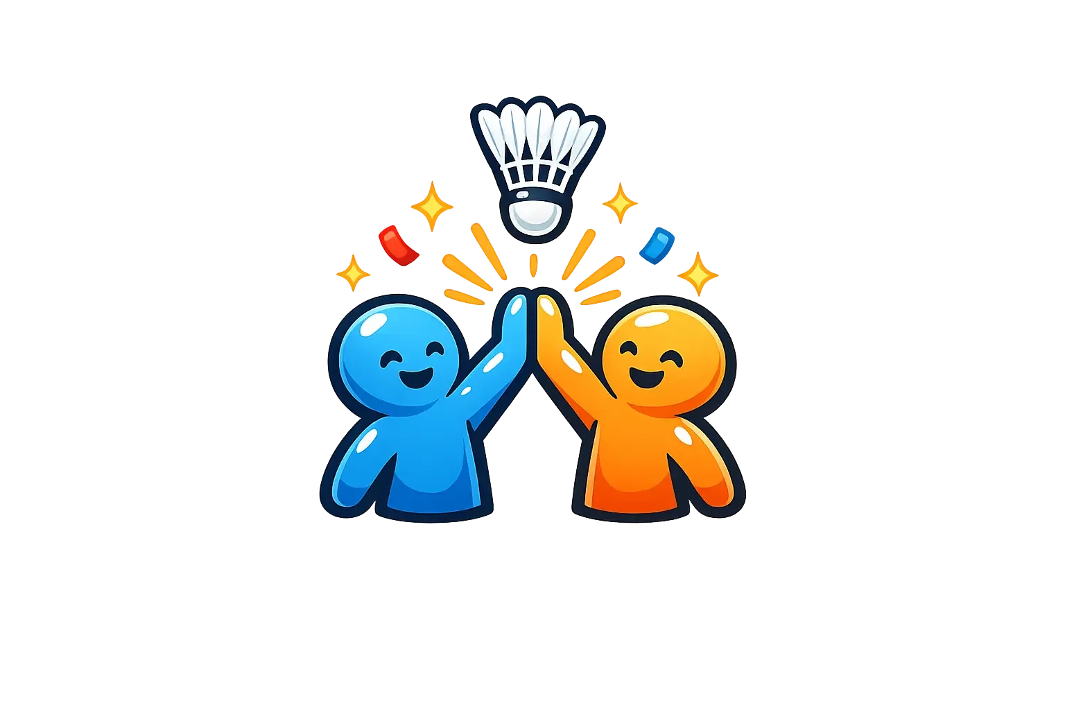 Two cartoon characters, a blue one and an orange one, giving high five with a shuttlecock above them, surrounded by sparkles and capsules.