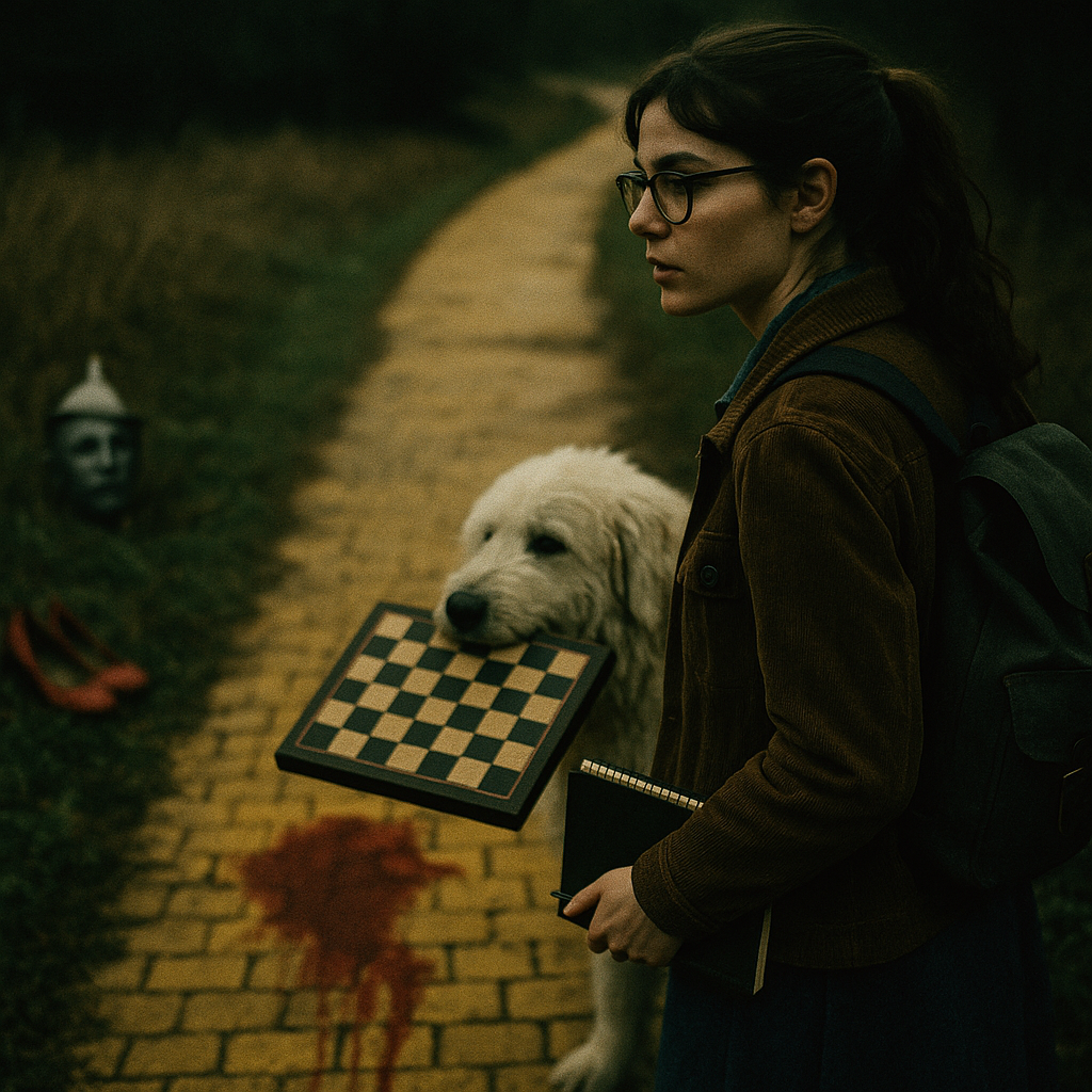 Ragazza con occhiali e zainetto che tiene un quadro di scacchi, un cane bianco vicino, in un sentiero di campagna al tramonto, con un volto misterioso nel cespuglio e sangue sul percorso.
