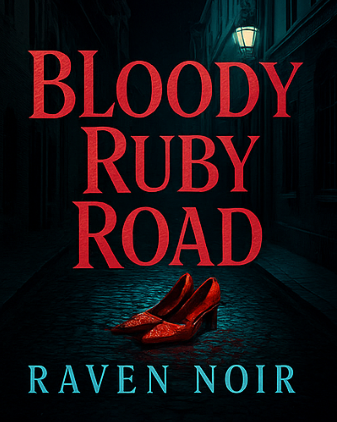 Copertina di un libro intitolato "Bloody Ruby Road" di Raven Noir, con scarpe rosse in primo piano e un'illuminazione tenue in una strada oscura.