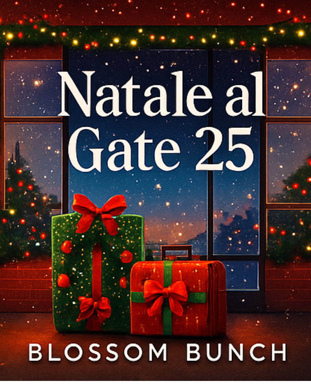 Cartelli di Natale con regali sotto a una finestra decorata con luci natalizie e alberi di Natale