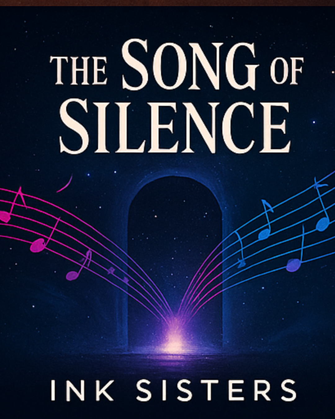 Copertina del libro "The Song of Silence" di Ink Sisters, con uno sfondo astrale e note musicali colorate.