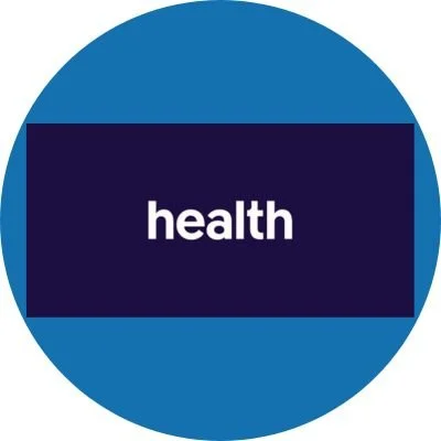 Circular logo with a dark blue rectangle in the center containing the word 'health' in white text.