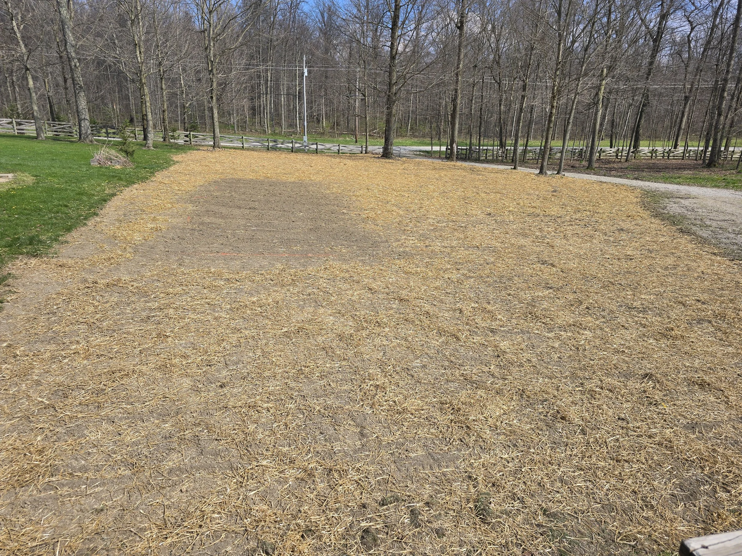 Resurfaced pasture area into a lawn with a garden plot.