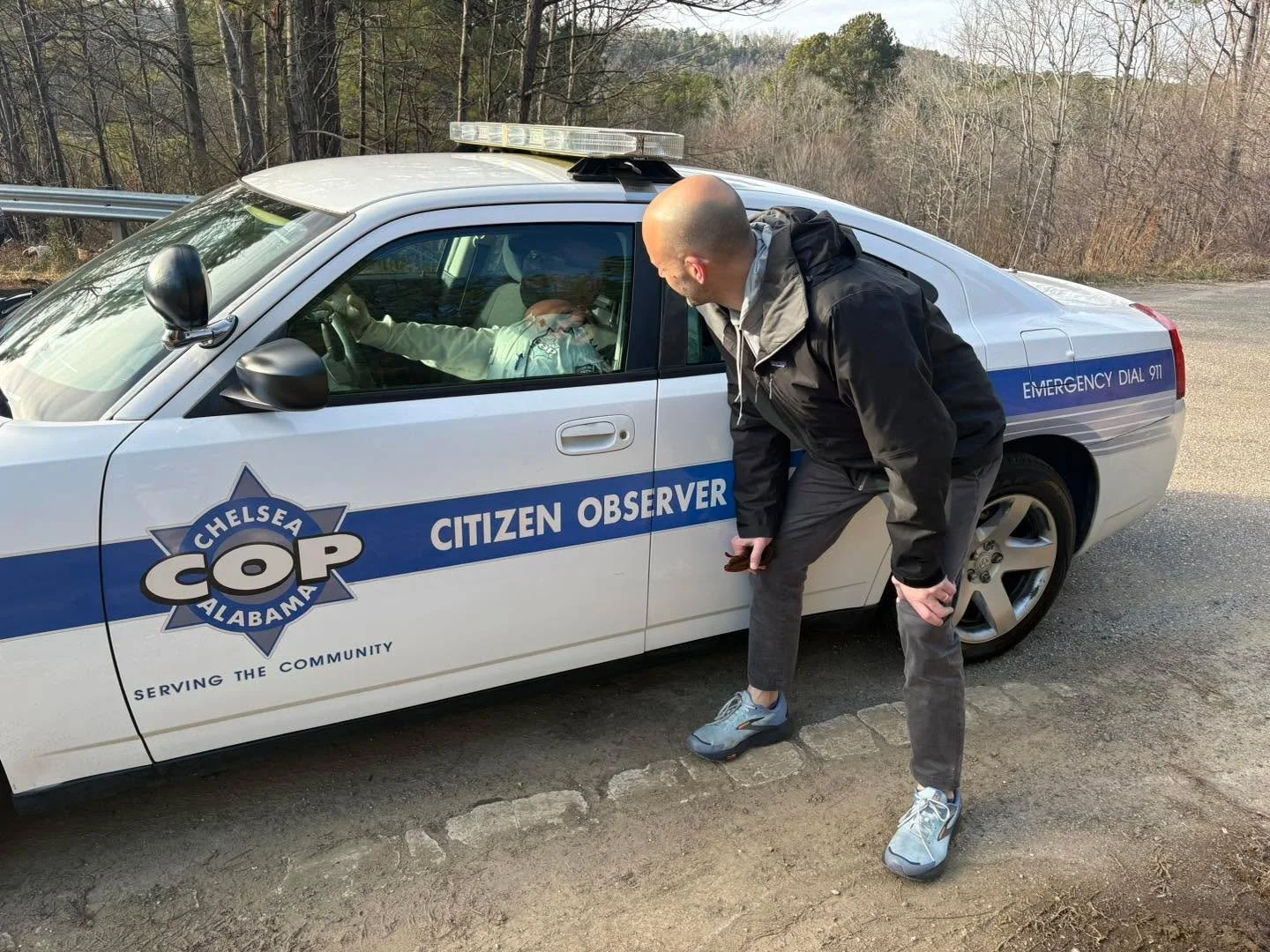 While out delivering yard signs, I stopped to chat with Officer Woddy and see if I could earn his endorsement.
He said he has strong feelings about human connection, but he&rsquo;s too busy slowing traffic on Hwy 280 to get into politics right now. ?