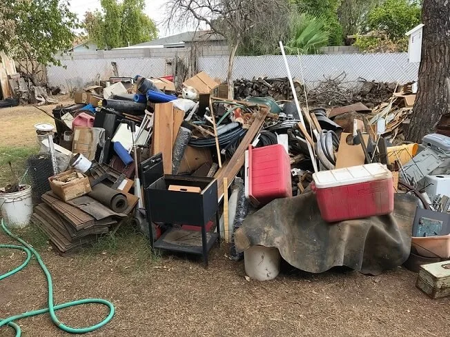 Piles of discarded household items, furniture, and cardboard boxes outdoors, with some green plants and trees in the background.