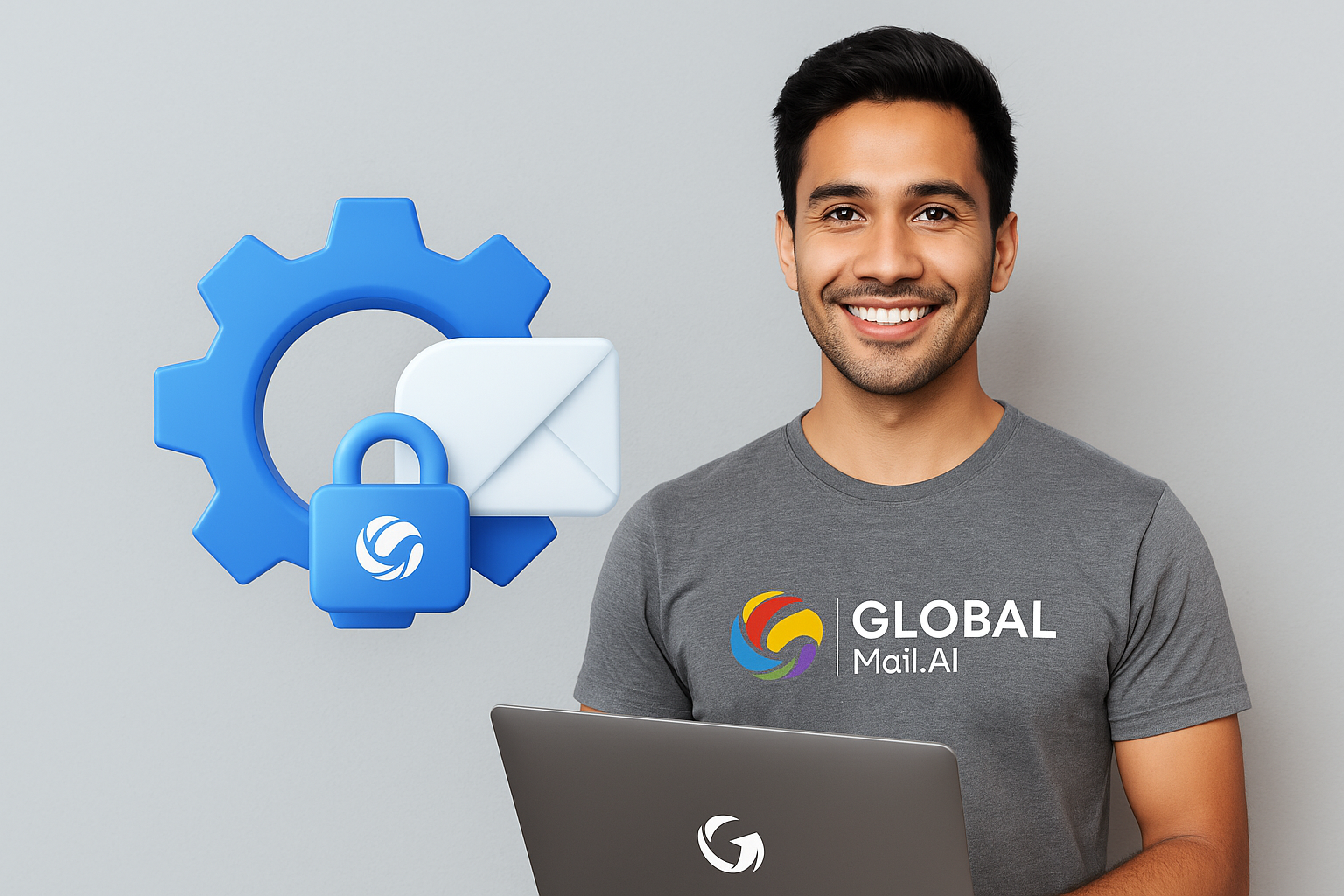 A smiling man wearing a gray t-shirt with a colorful logo and the words 'GLOBAL Mail.AI' holding a laptop, with digital icons of a gear, email, and padlock floating beside him.