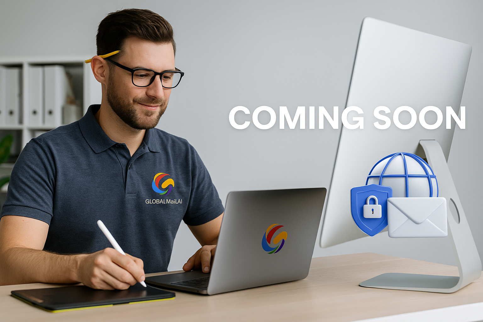 A man working at his desk with a laptop, a graphic overlay showing security icons, and the text 'Coming Soon'