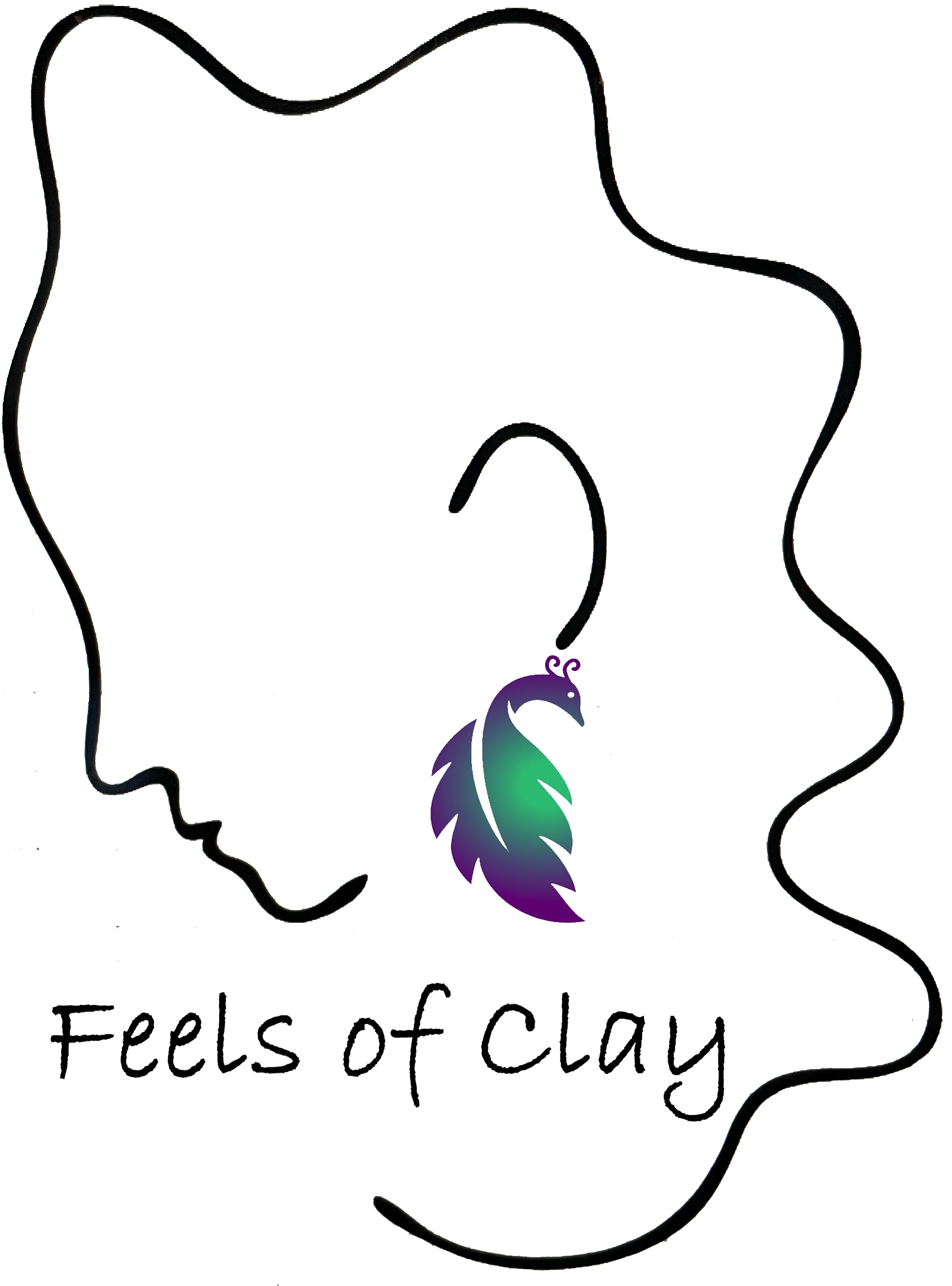 A puzzle piece with outline of two human profiles facing each other. Inside the profiles, a colorful feather with the text "Feels of clay" below.