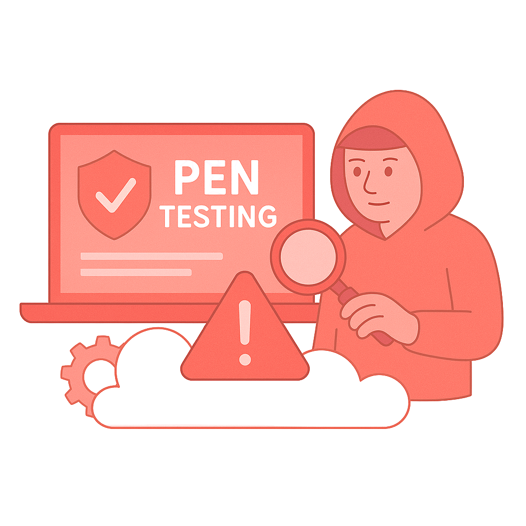 Illustration of a person in a hoodie inspecting a pen testing alert on a computer screen with a magnifying glass.