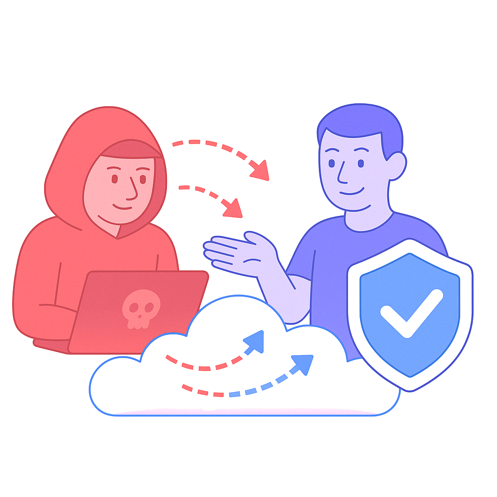 Digital illustration of a woman and a man discussing cybersecurity, with a shield and cloud symbols indicating data protection.