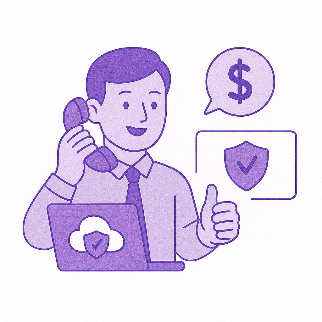 An illustration of a man in a shirt and tie, talking on the phone, with a laptop displaying a cloud with a checkmark, giving a thumbs-up, with symbols of currency and protection.