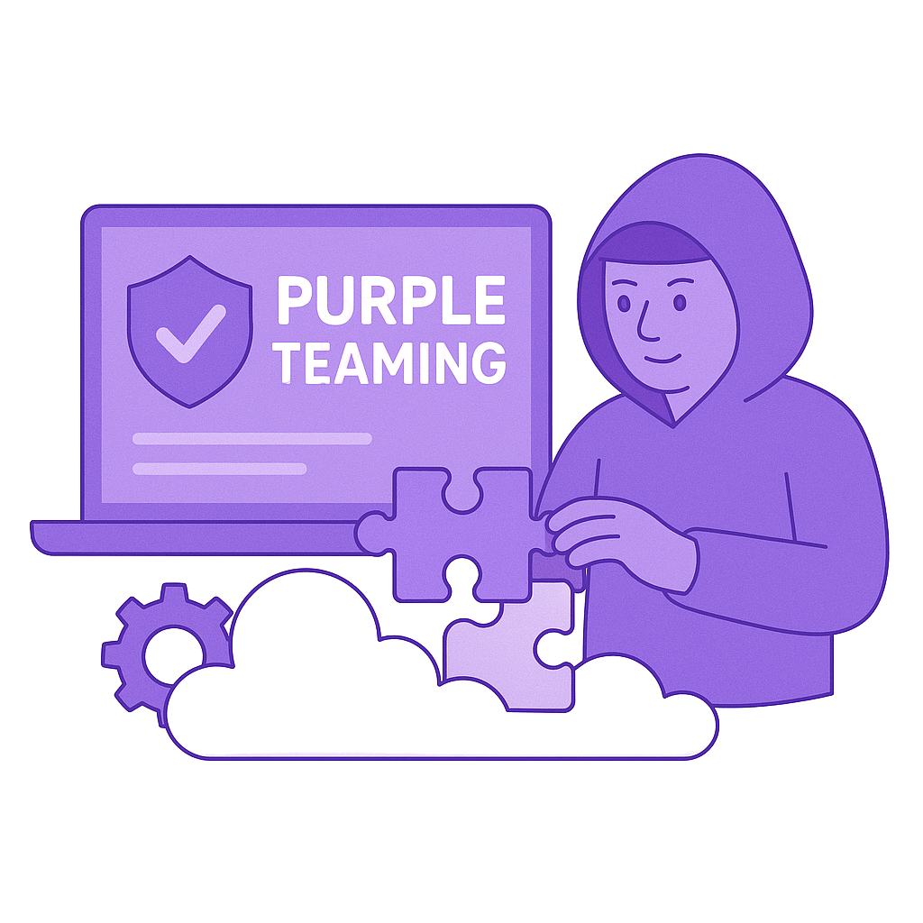 A person in a hoodie assembling puzzle pieces with a laptop displaying 'Purple Teaming' and a shield icon, symbolizing cybersecurity or team collaboration.