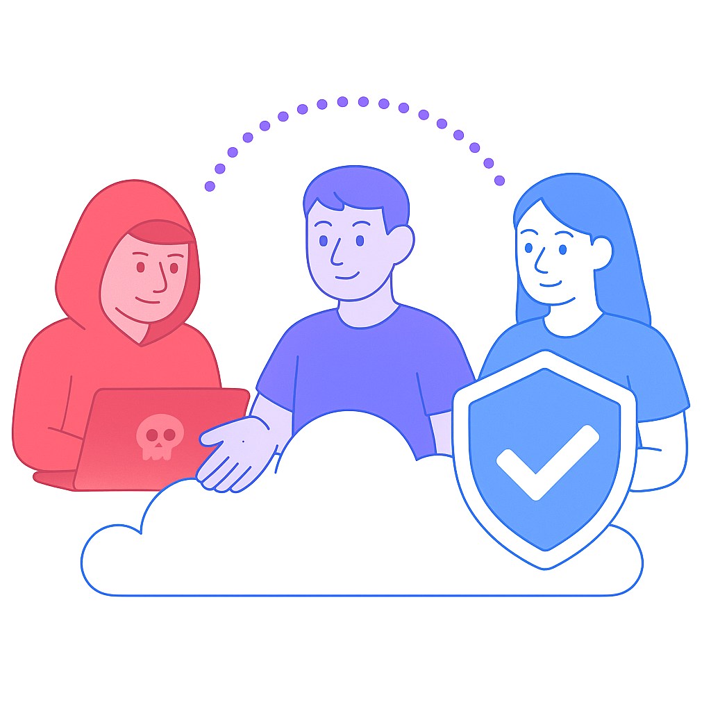 Illustration of three people cybersecurity concepts, one person in red with a skull icon on a laptop, a person in blue with a shield and checkmark icon, and another person in purple near a cloud and security shield.
