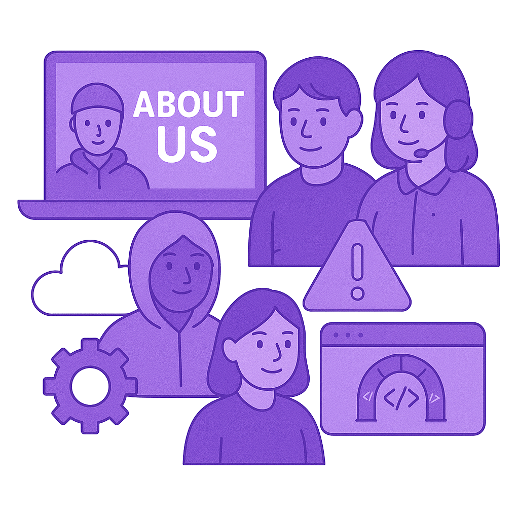 Illustration of a virtual team with a laptop displaying 'About Us,' people wearing headsets, and icons like a gear, a warning triangle, and a web browser with coding symbols.