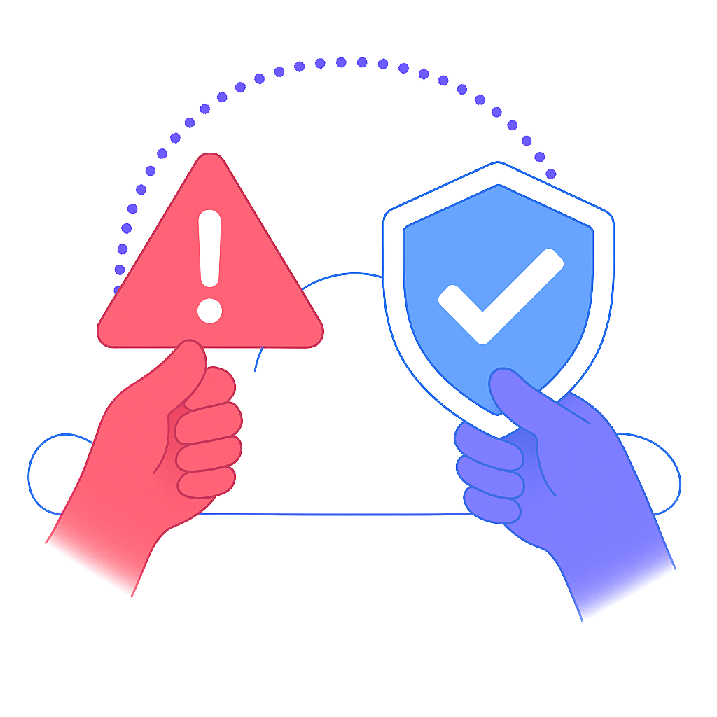 Illustration of two hands holding shields: one red with a warning symbol and one blue with a checkmark, symbolizing security or safety.