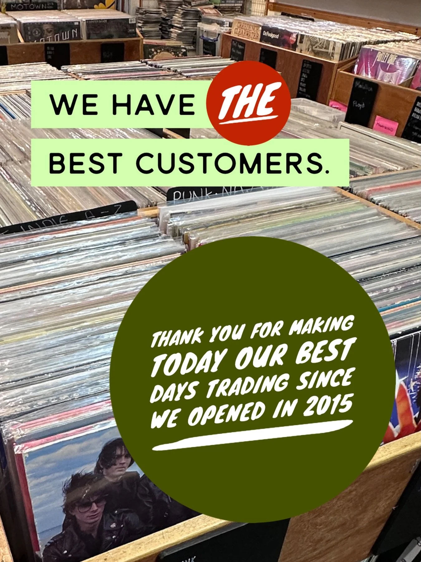 As a small independent record shop, we have been blown away by our fantastic customers, who made today our best day trading since we opened our first shop in Bakewell.
.
Every day we&rsquo;re excited to open and keep doing what we think we do best - 