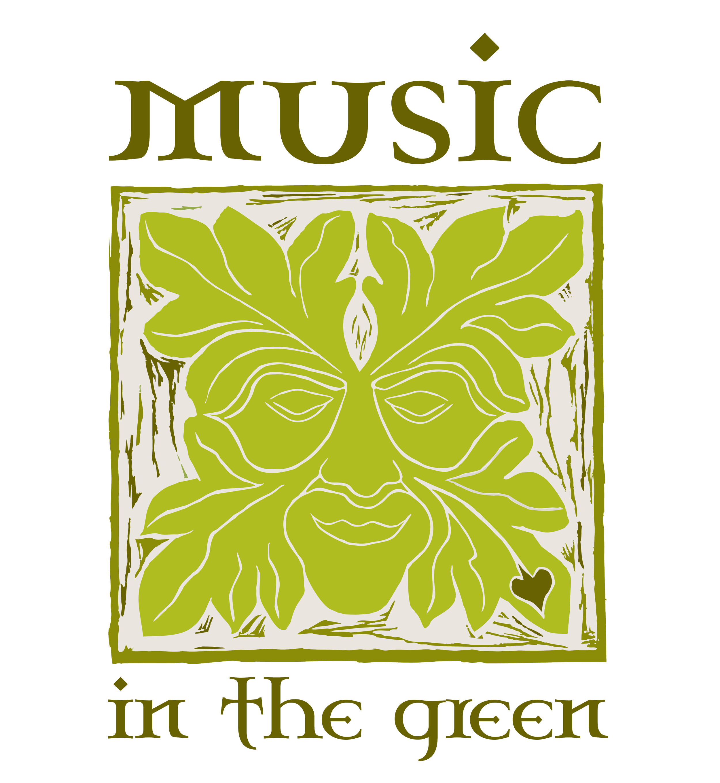 A logo with the text 'Music in the Green' above and below a stylised face of the Green Man.
