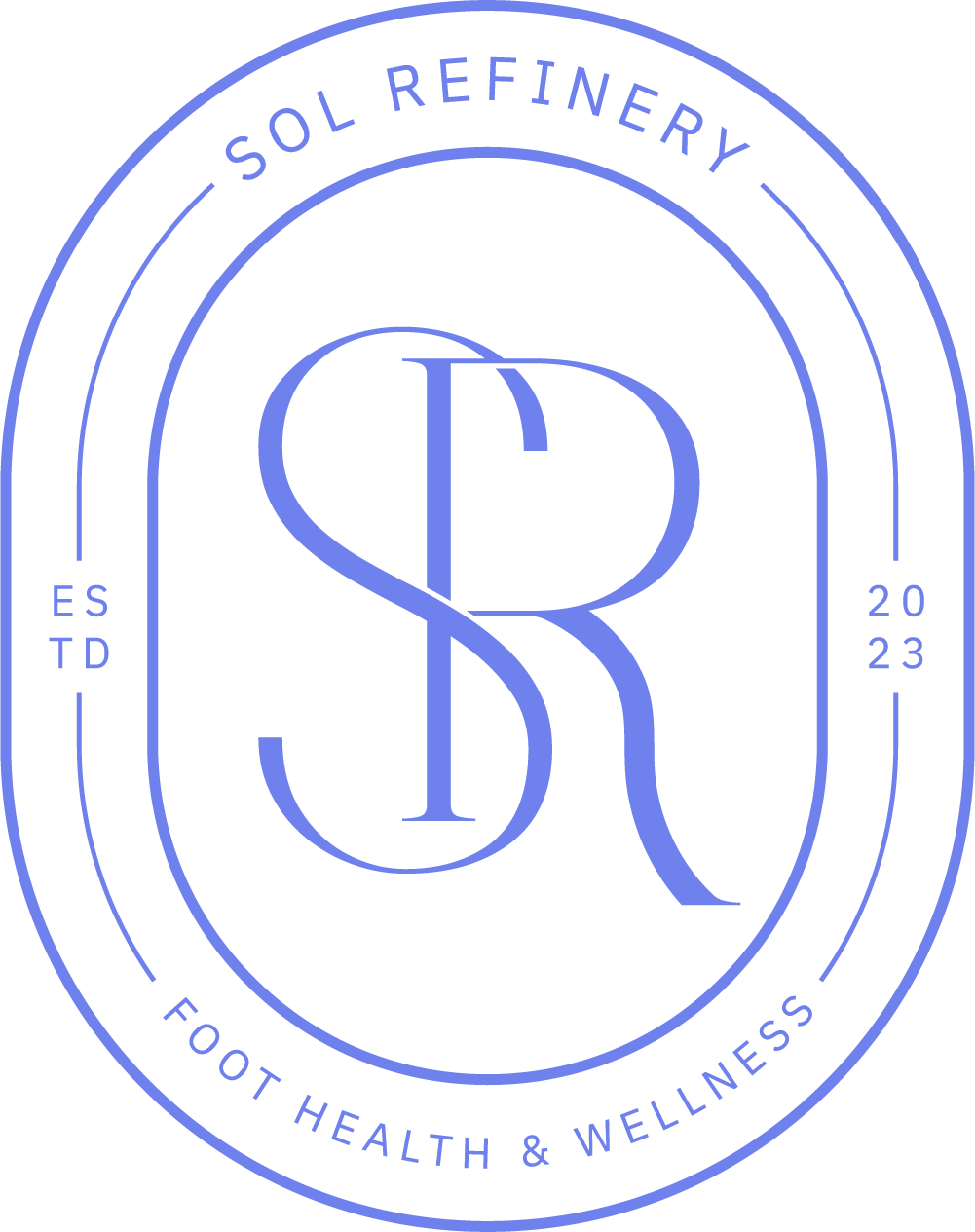Logo for Sol Refinery Foot Health & Wellness featuring a monogram of a stylized 'SR' within an oval border, with the company name and founding year 2023.