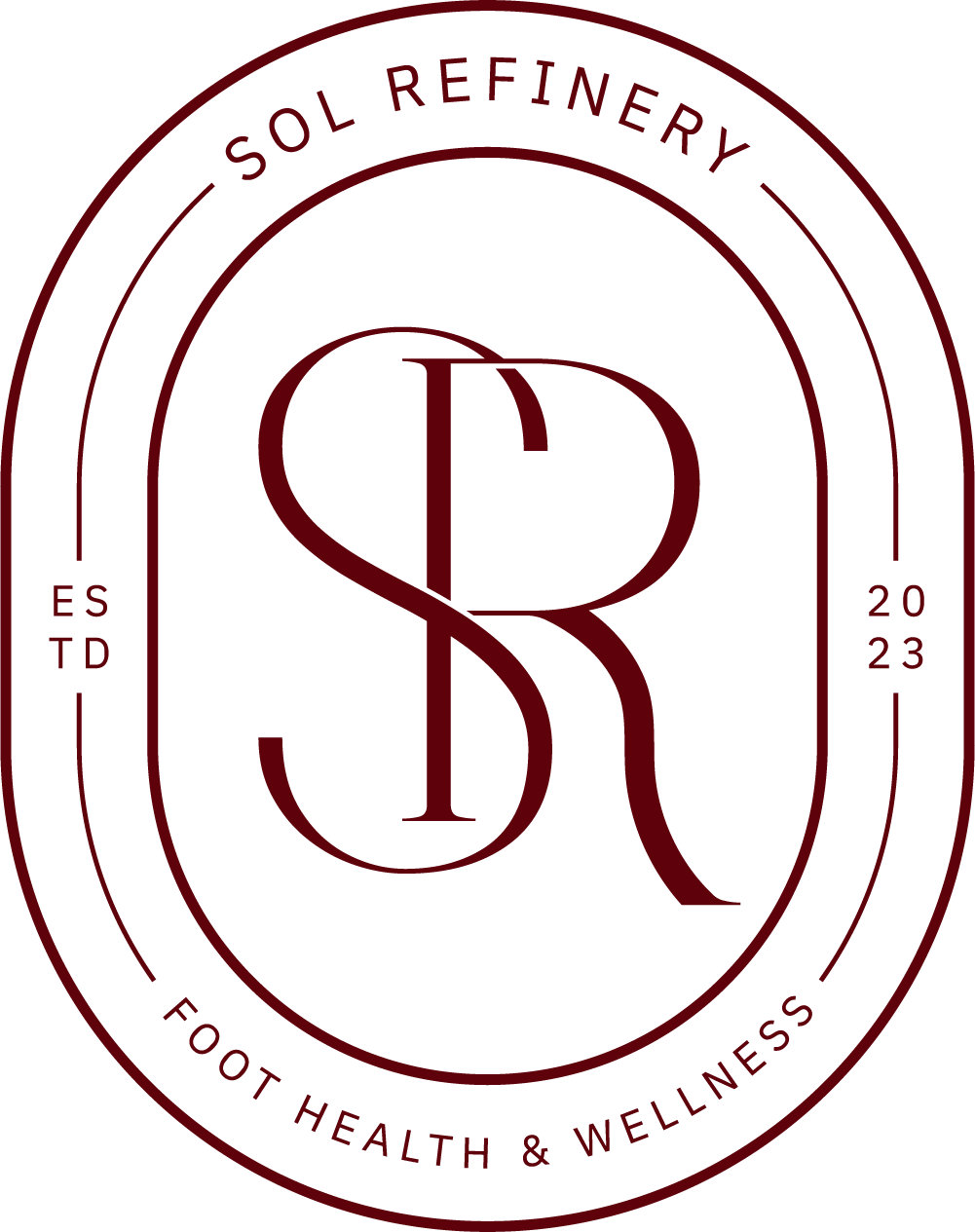 Logo for Sol Refiner Foot Health & Wellness, established in 2023, featuring a large stylized letter 'R' in the center within an oval border.
