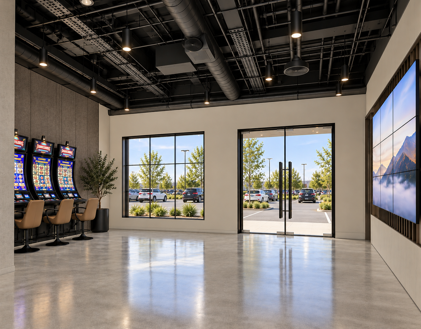 Modern Gaming Lounge Lobby with Mountain Display.png