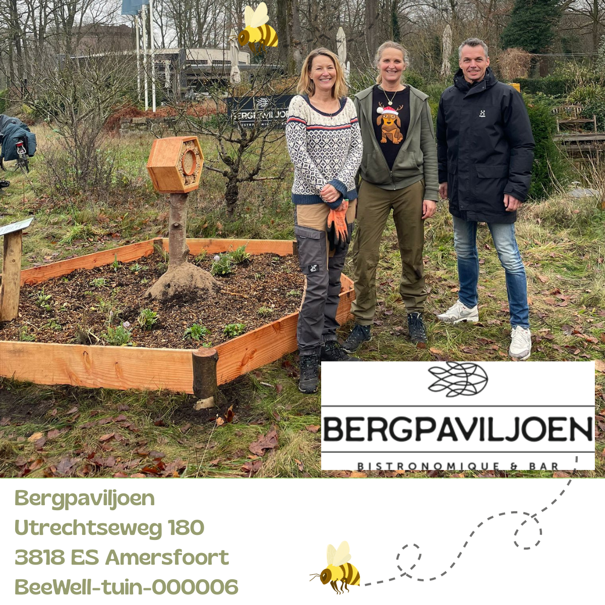 Colorful sign for Bergpaviljoen Bistrognomique & Bar with bees, flowers, and green hills.