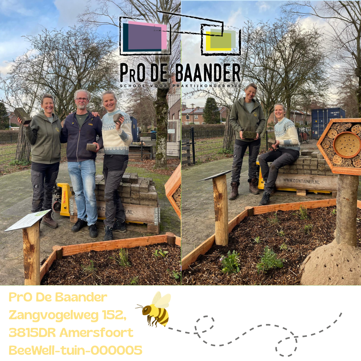 A colorful cartoon illustration of a meadow with various flowers and three bees flying above. The background shows green hills and a blue sky. Text in the image reads 'Pro De Baander' and contact details at the bottom.