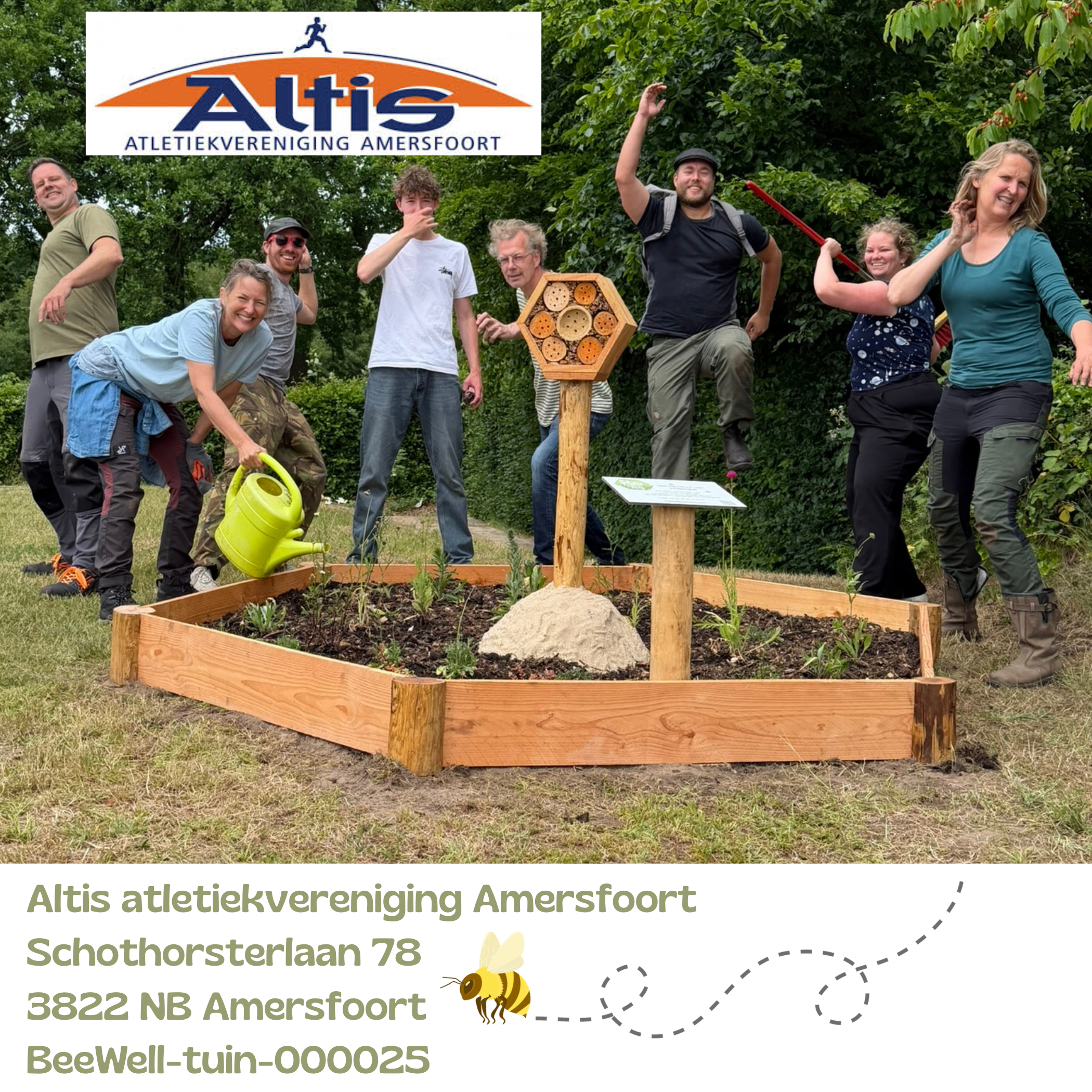 Beewell-tuin-000025 is aangelegd bij Altis Atletiek Amersfoort ophet ranje van Amersfoort en Hoogland in park Schothorst. Samen met andere bloemrijke plekken in de omgeving vormt deze BeeWell-tuin schakels in het Bijenduct van Nederland.