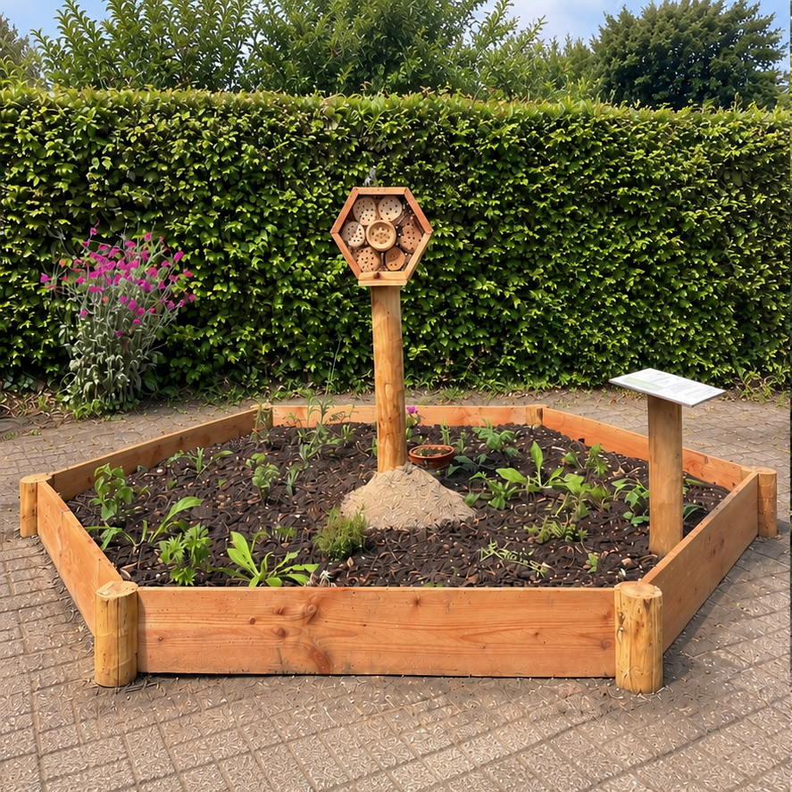 Pas aangelegde BeeWell-tuin met jonge biologische, inheemse planten en een bijenhotel voor wilde bijen.
