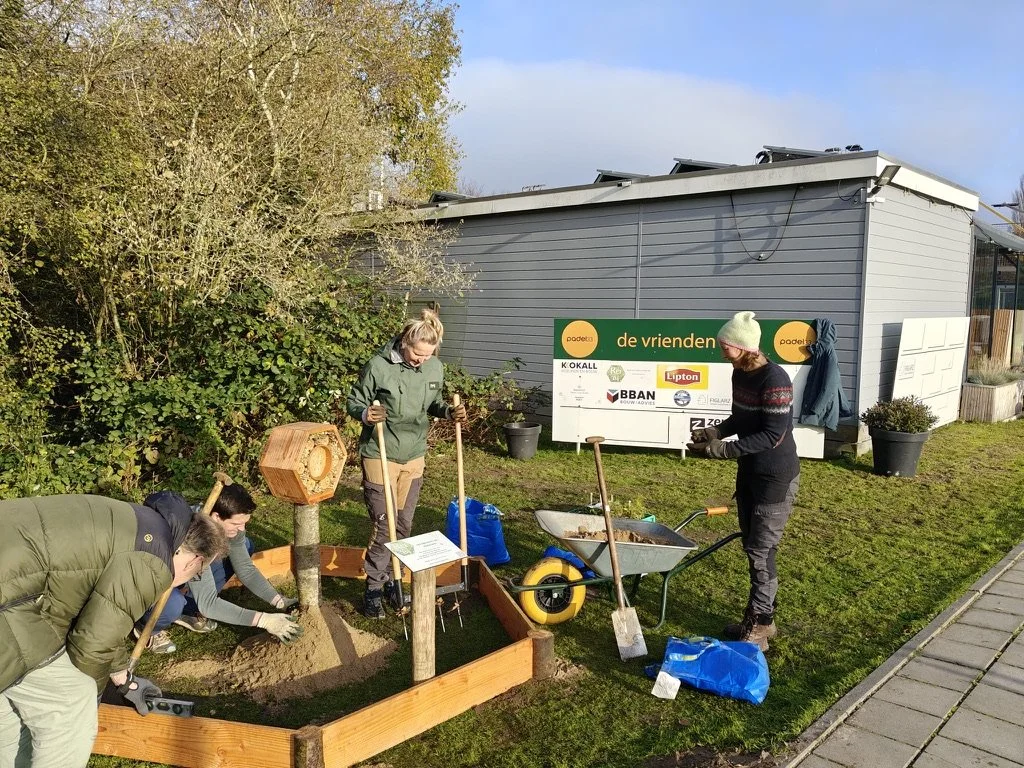 Mensen met een afstand tot de arbeidsmarkt leggen samen een Beewell-tuin aan bij een buitensportcomplex in Amersfoort.