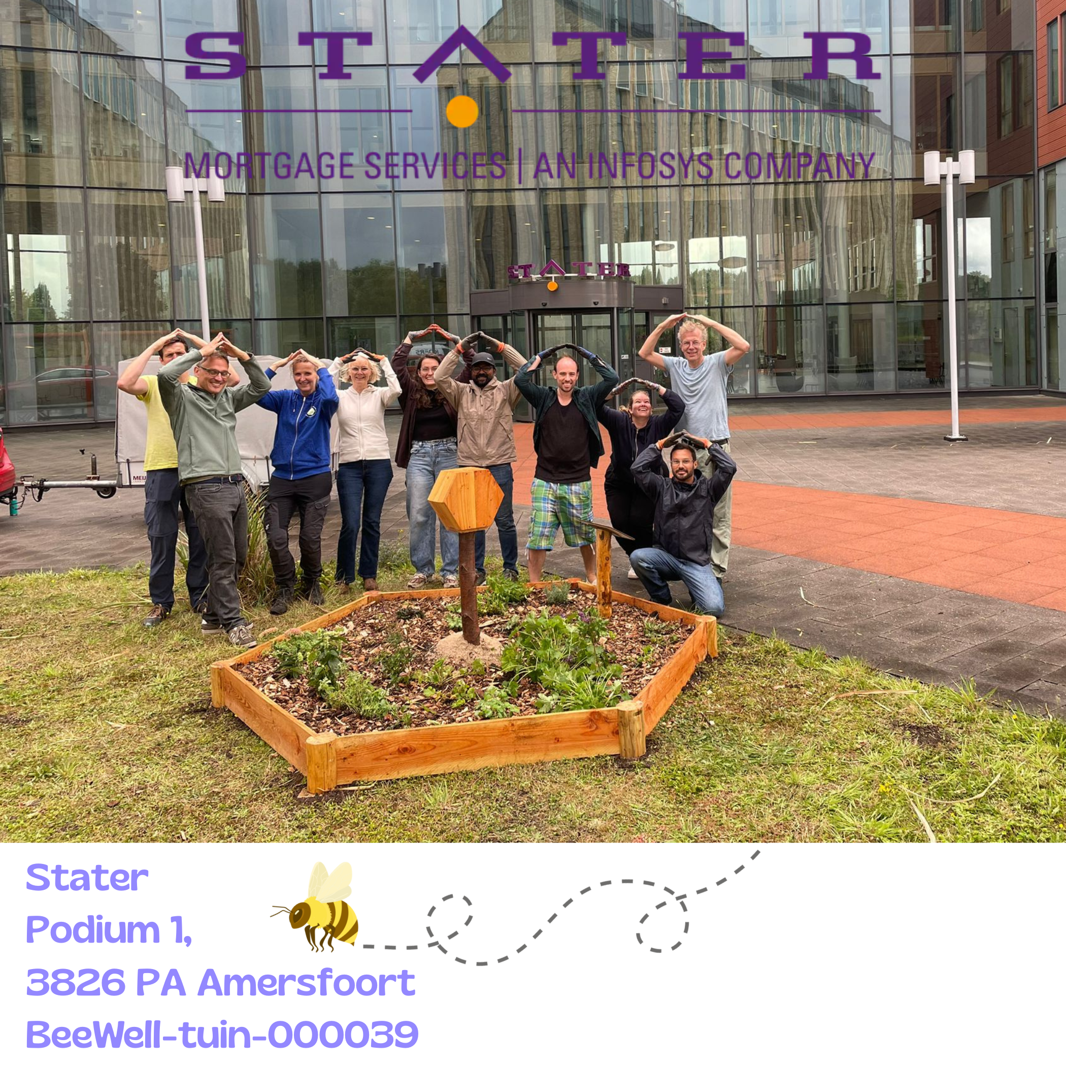 Beewell-tuin-000039 is aangelegd bij het bedrijf Stater in de wijk Vathorst in Amersfoort. Samen met andere bloemrijke plekken in de omgeving vormt deze BeeWell-tuin schakels in het Bijenduct van Nederland.