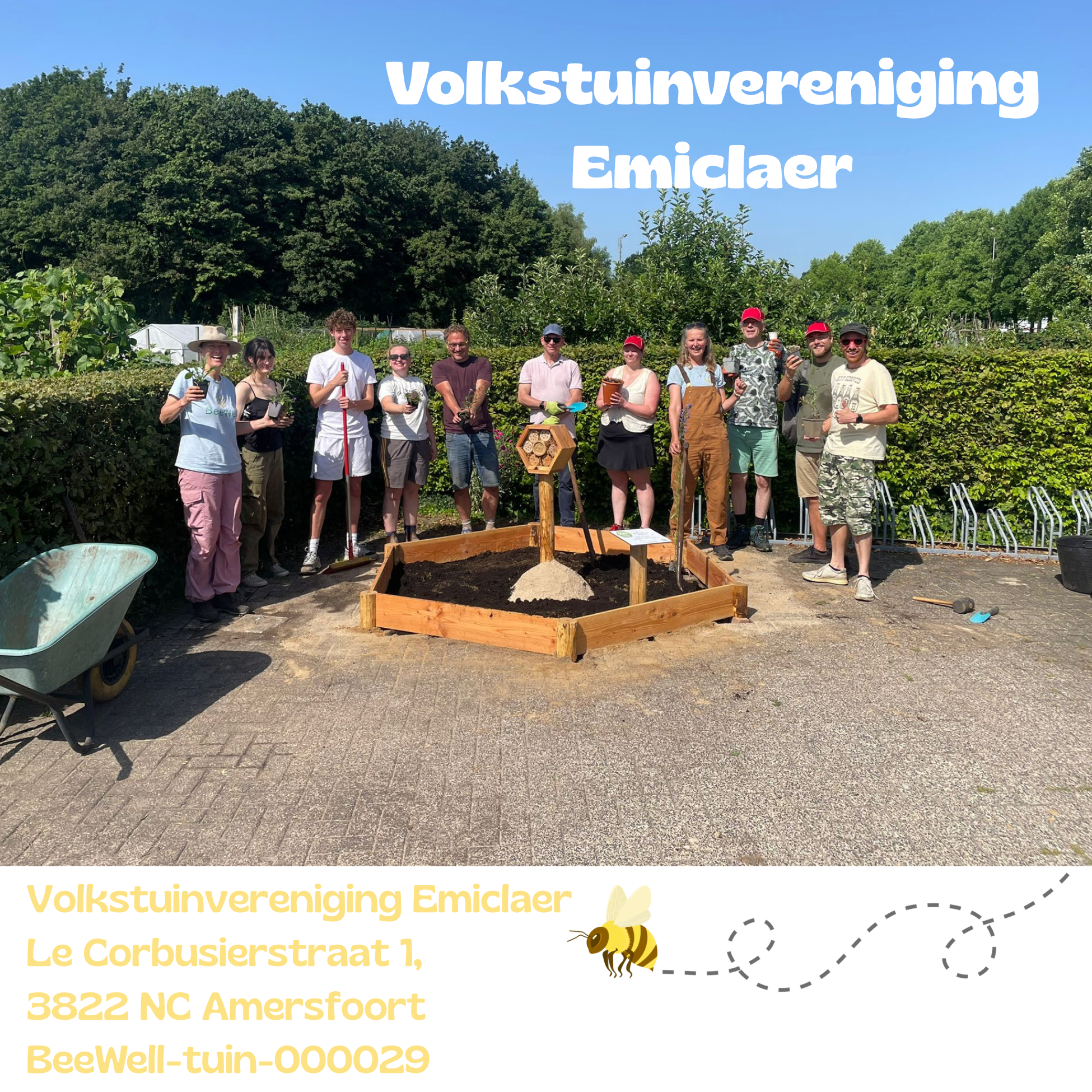 Beewell-tuin-000029 is aangelegd bij Volkstuinvereniging Emiclaer in de wijk en park Schorhorst. Samen met andere bloemrijke plekken in de omgeving vormt deze BeeWell-tuin schakels in het Bijenduct van Nederland.