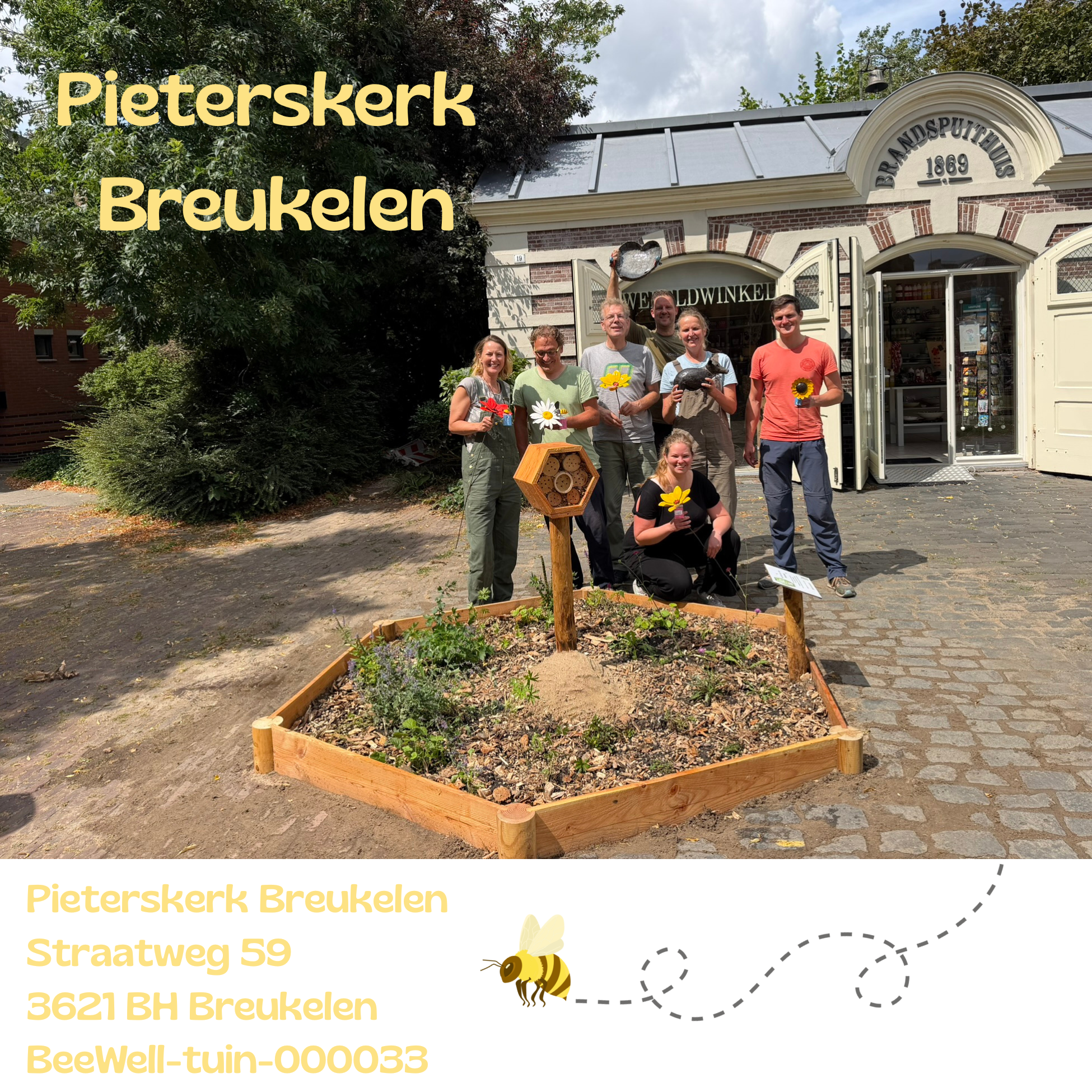 Beewell-tuin-000033 is aangelegd bij de Pieterskerk en Wereldwinkel (Brandspuithuisje) in Breukelen (Stichtse Vecht). Samen met andere bloemrijke plekken in de omgeving vormt deze BeeWell-tuin schakels in het Bijenduct van Nederland.