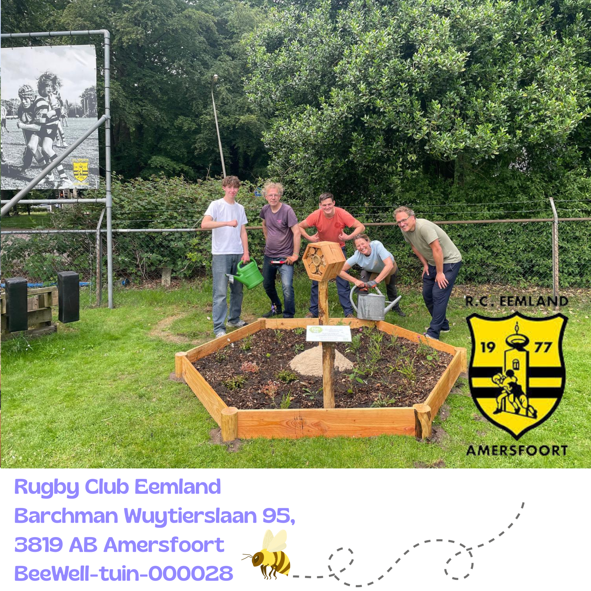 Beewell-tuin-000028 is aangelegd bij Rugby Club eemland uit Amersfoort bij Birkhoven. Samen met andere bloemrijke plekken in de omgeving vormt deze BeeWell-tuin schakels in het Bijenduct van Nederland.