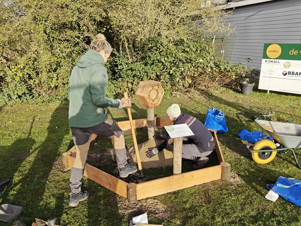 Two people working outdoors on a garden project, planting a small tree or shrub within a wooden frame, with various tools and materials nearby.