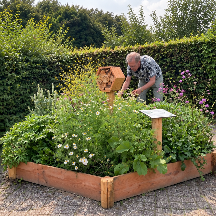 Volgroeide BeeWell-tuin met bloeiende inheemse planten en een bijenhotel, als voedsel- en nestelplek voor wilde bijen.