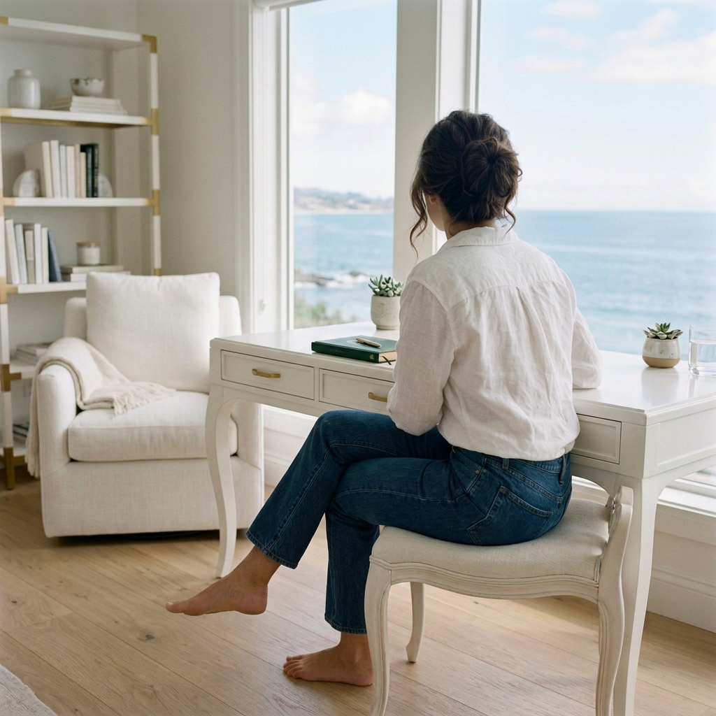 A woman entrepreneur in her home office with sea views looking out the window.