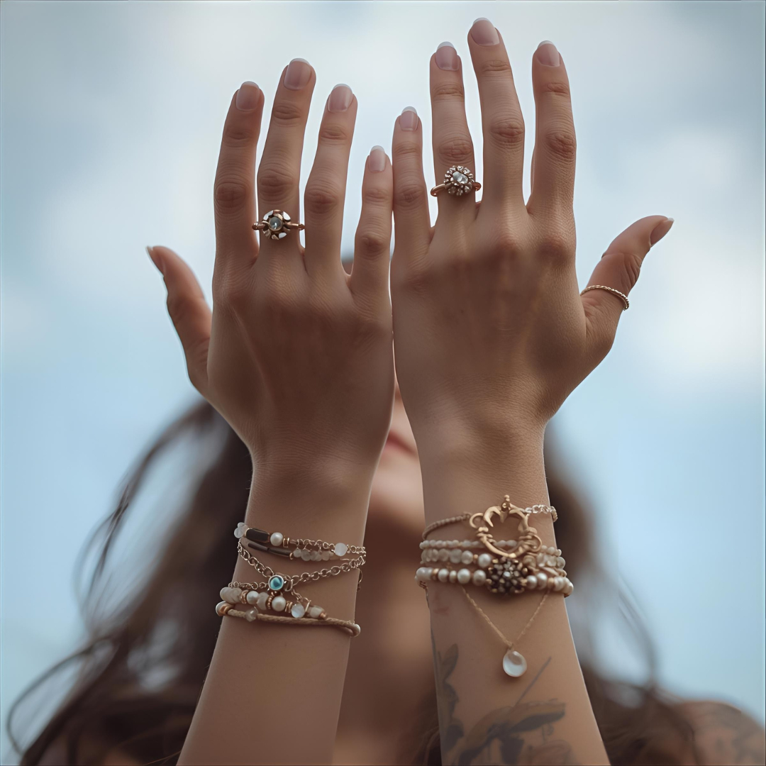 Woman displaying hands with multiple rings and bracelets against a cloudy sky background.