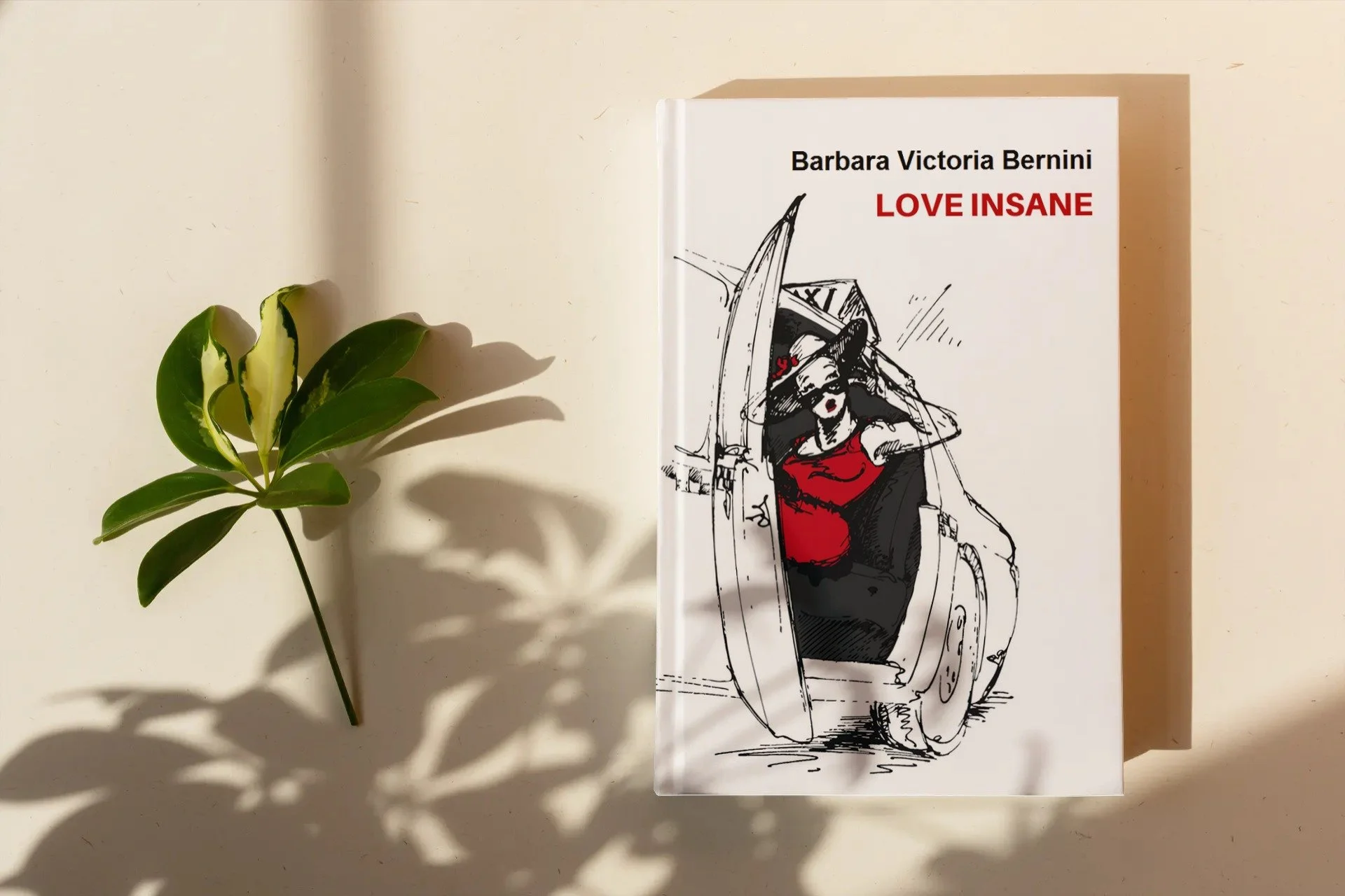 A book titled "Love Insane" by Barbara Victoria Bernini leaning against a plain wall. Next to the book is a green plant with variegated leaves casting a shadow on the wall.