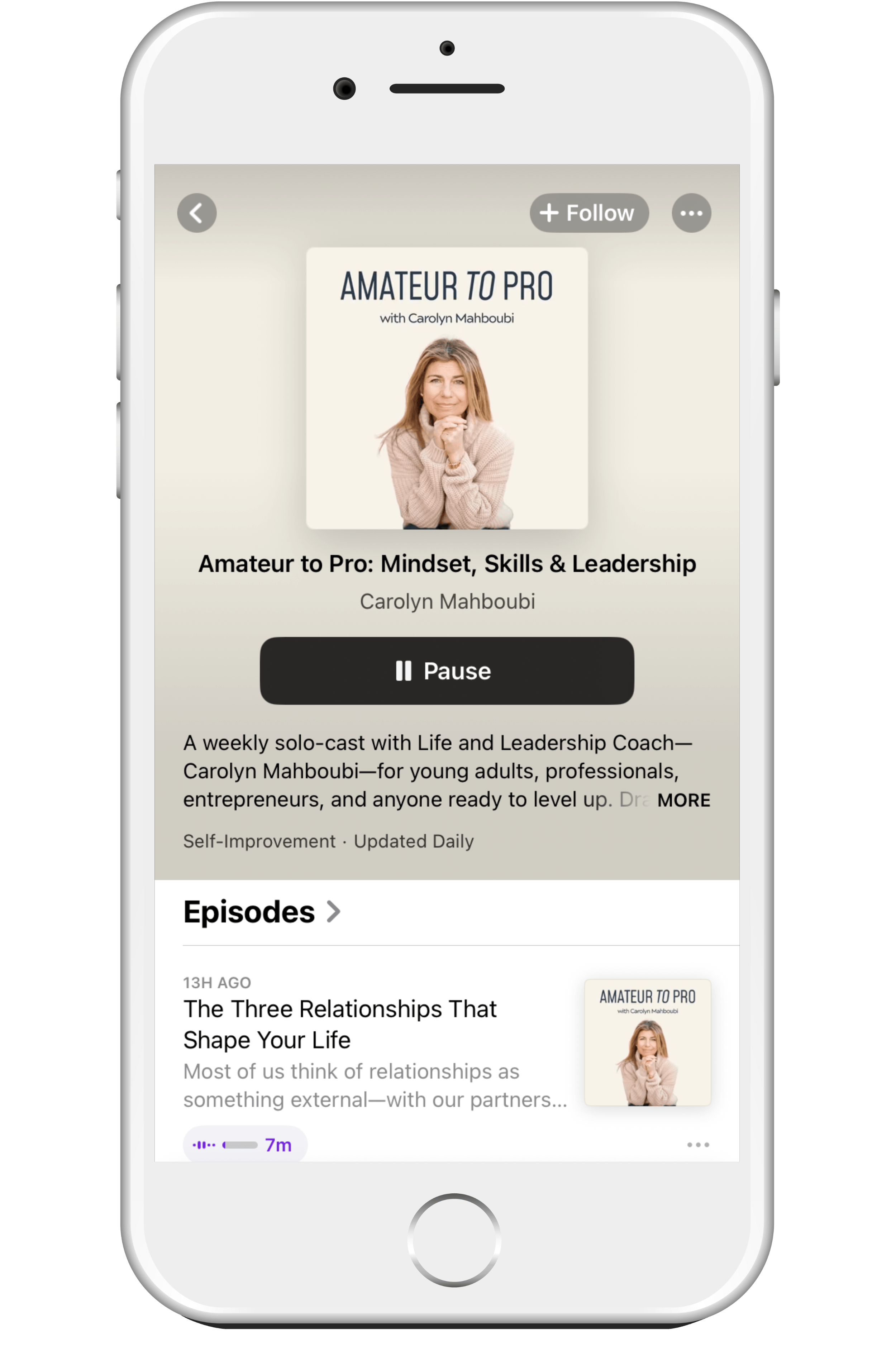 Smartphone screen showing Amateur to Pro: Mindset, Skills & Leadership podcast on Apple Podcasts app with white AirPods Pro earbuds beside it.