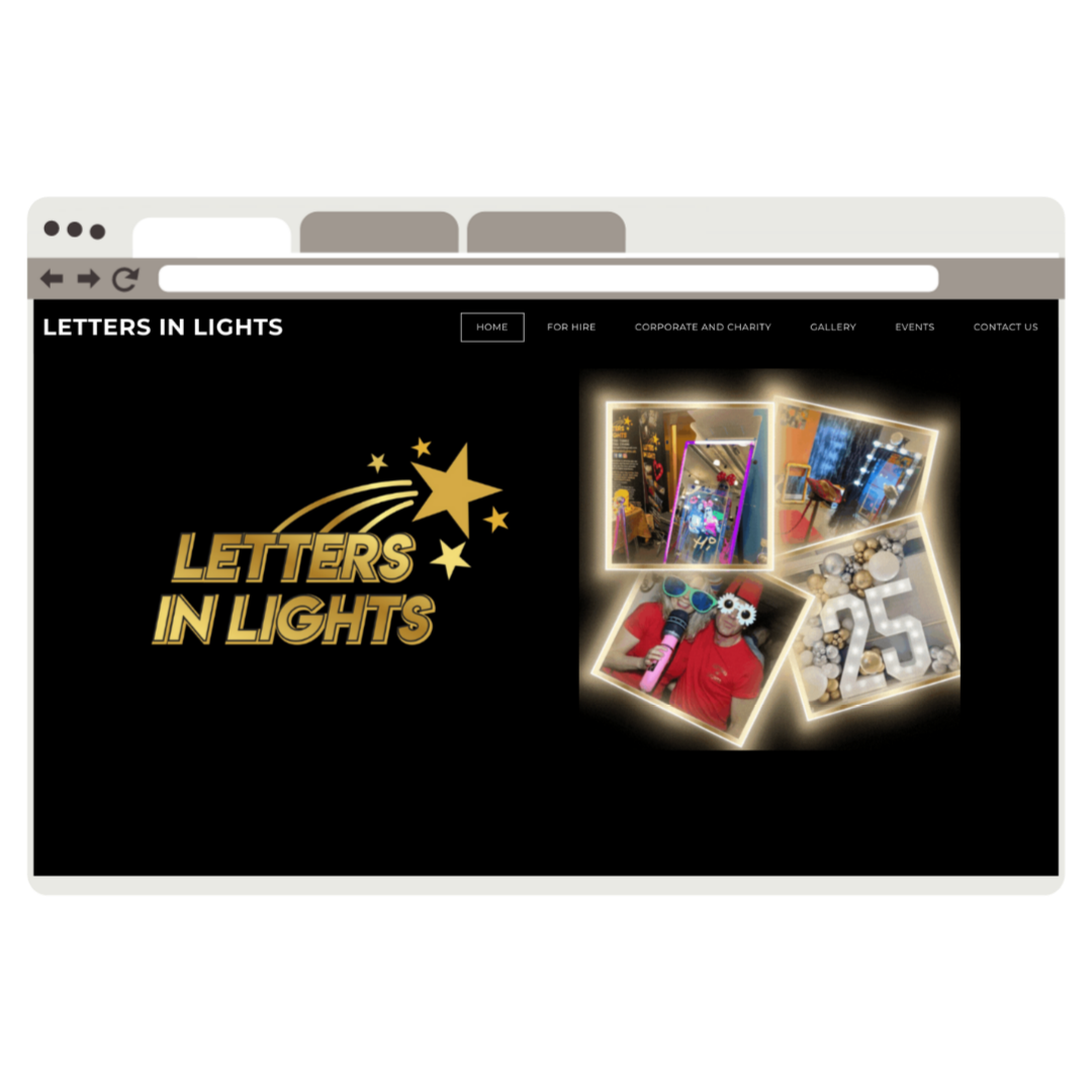 Screenshot of a website homepage for 'Letters in Lights' with a black background, gold text, and images of light-up signs and decorations, including a photo of two people wearing red shirts and oversized sunglasses, and a large illuminated number 25.