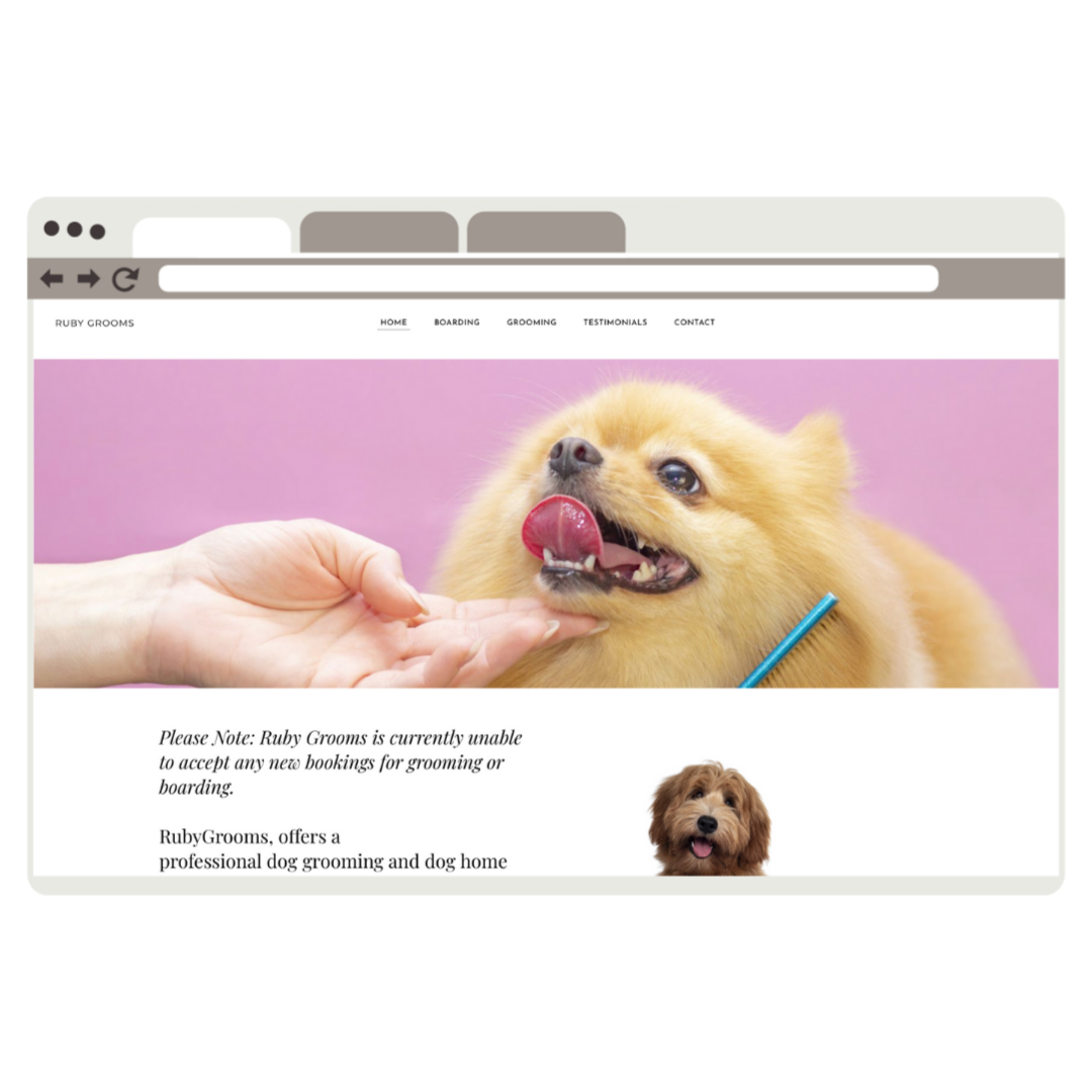 Screenshot of a pet grooming website showing a small, fluffy, tan dog getting groomed, and a second image of a different small dog with a brown coat. The website indicates that Ruby Grooms is currently unable to accept new bookings.