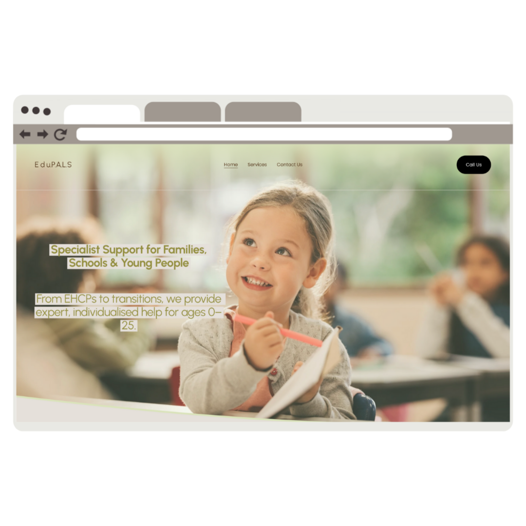 Screenshot of a website homepage for Edu.P.A.L.S, featuring a young girl smiling and writing in a notebook in a classroom setting. The website offers support for families, schools, and young people, with navigation options for Home, Services, and Contact Us, and a call-to-action button labeled 'Call Us'.