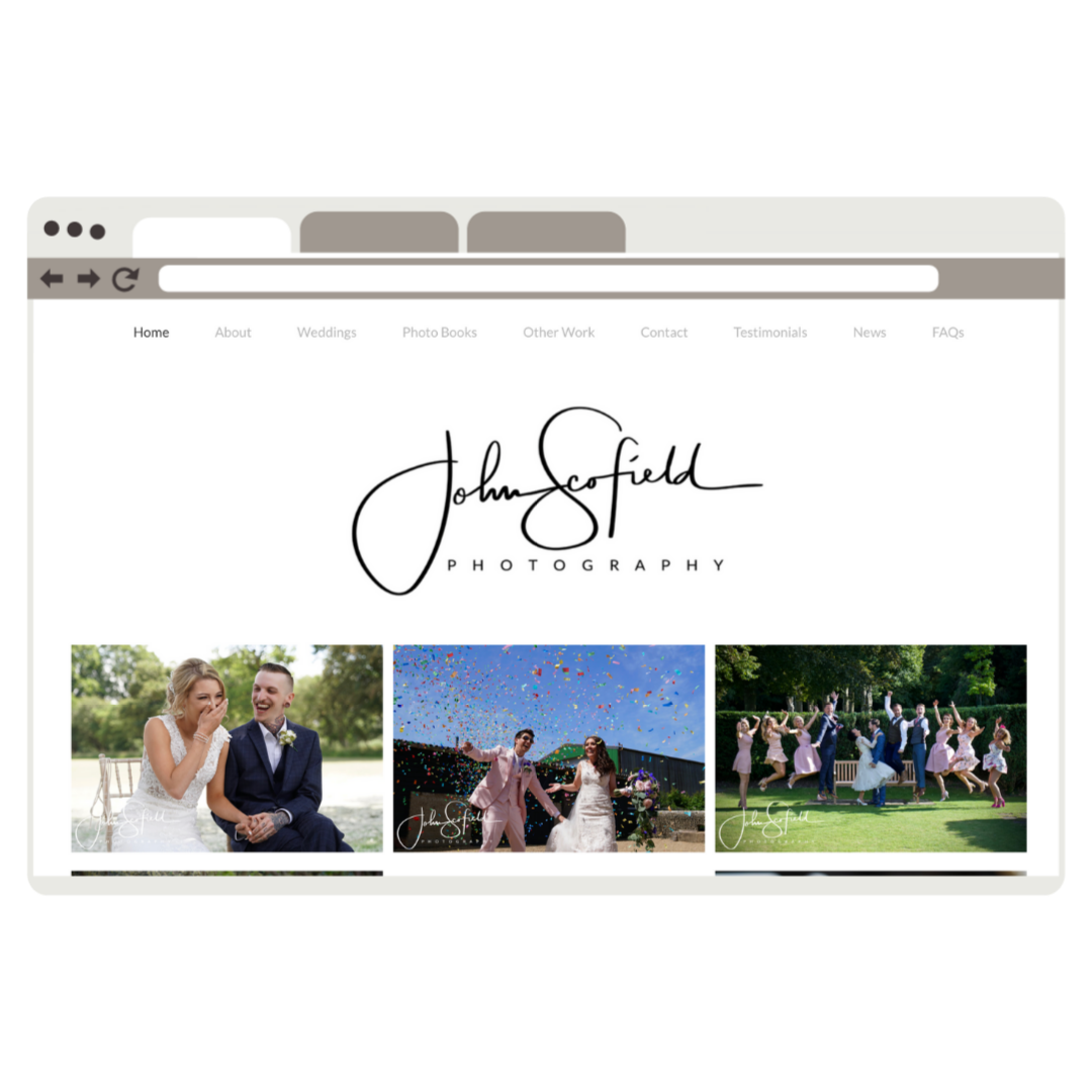 Screenshot of a photography website featuring wedding photos, with the logo 'John Colfield Photography' at the top and three wedding pictures below.