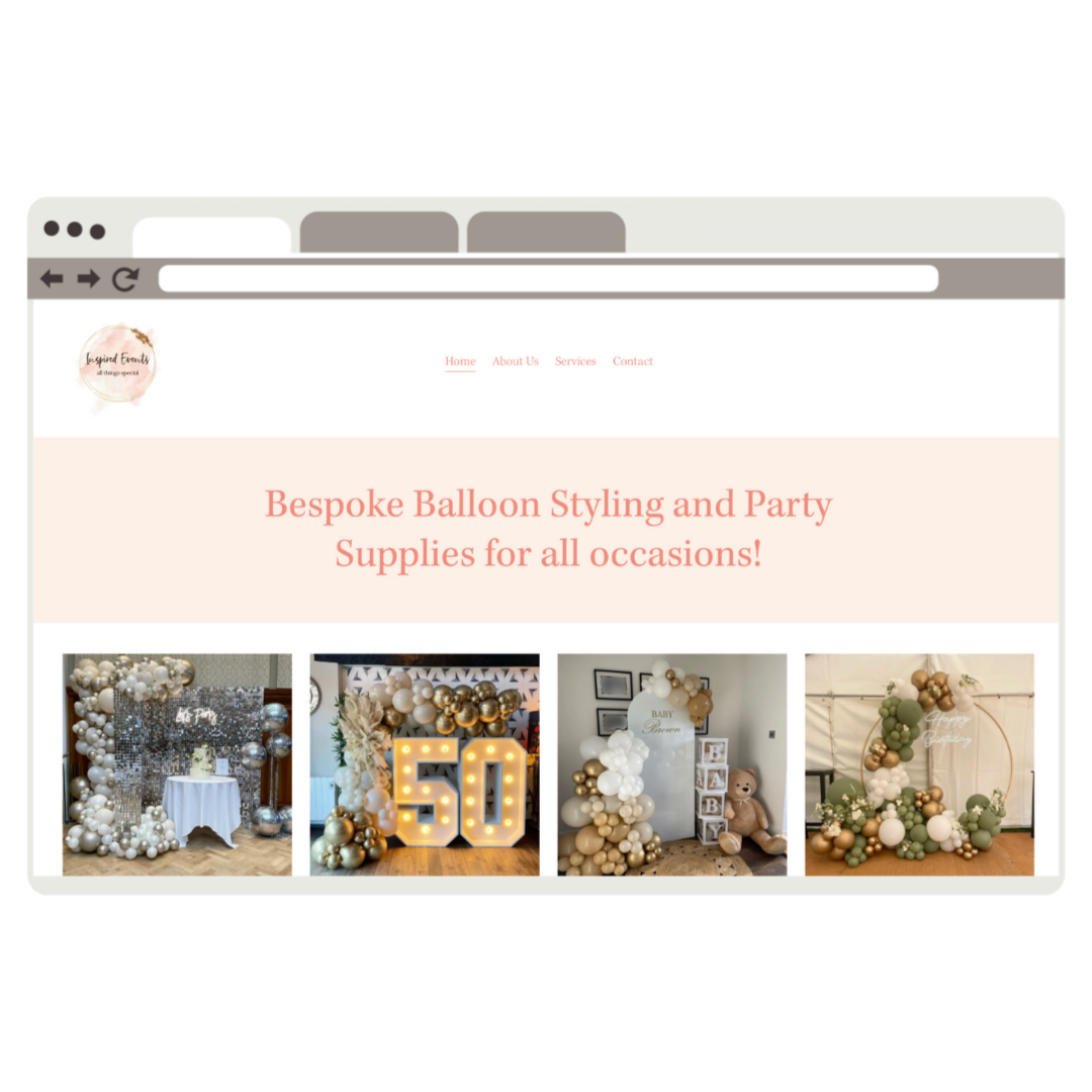 Webpage for a balloon styling and party supplies business, featuring images of balloon arrangements and decorations for celebrations.