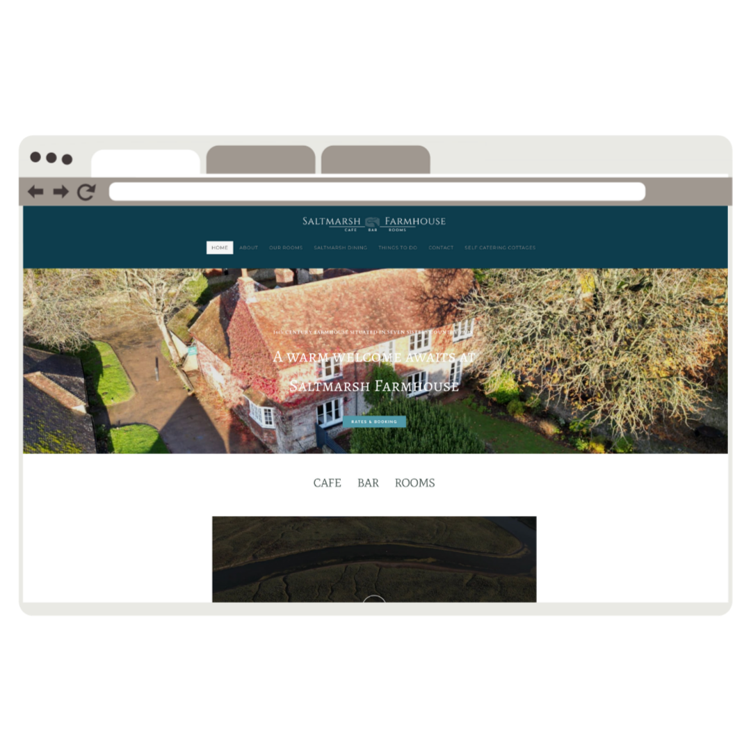 Screenshot of the Saltmarsh Farmhouse website showing an aerial view of a house and surrounding trees.