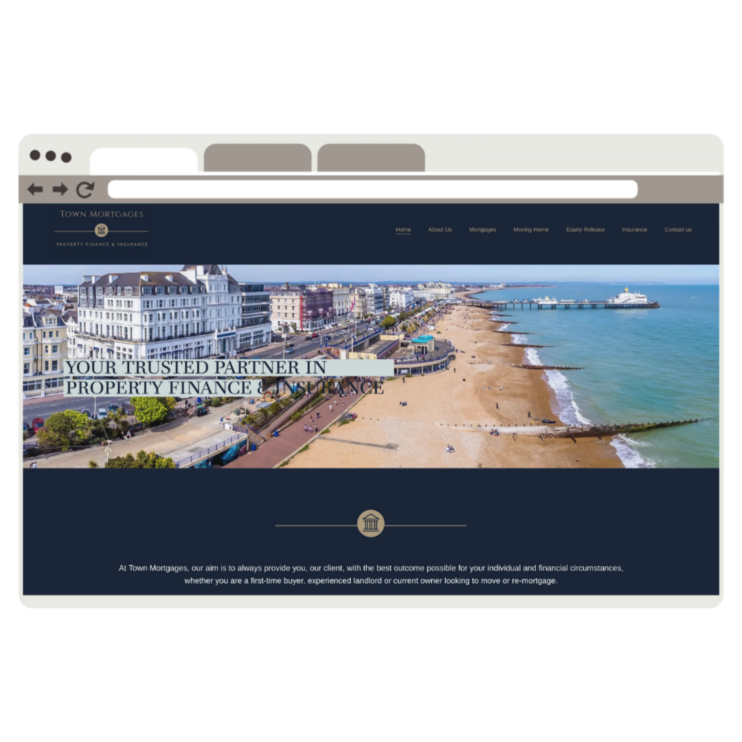 Screenshot of Town Mortgages website showing a beach view with buildings along the coastline and a pier extending into the ocean.